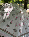 Pink Palm - Block Print, Wooden Parasol 2m