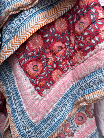 Red, blue and Pink Block Print Reversible Quilted Blanket