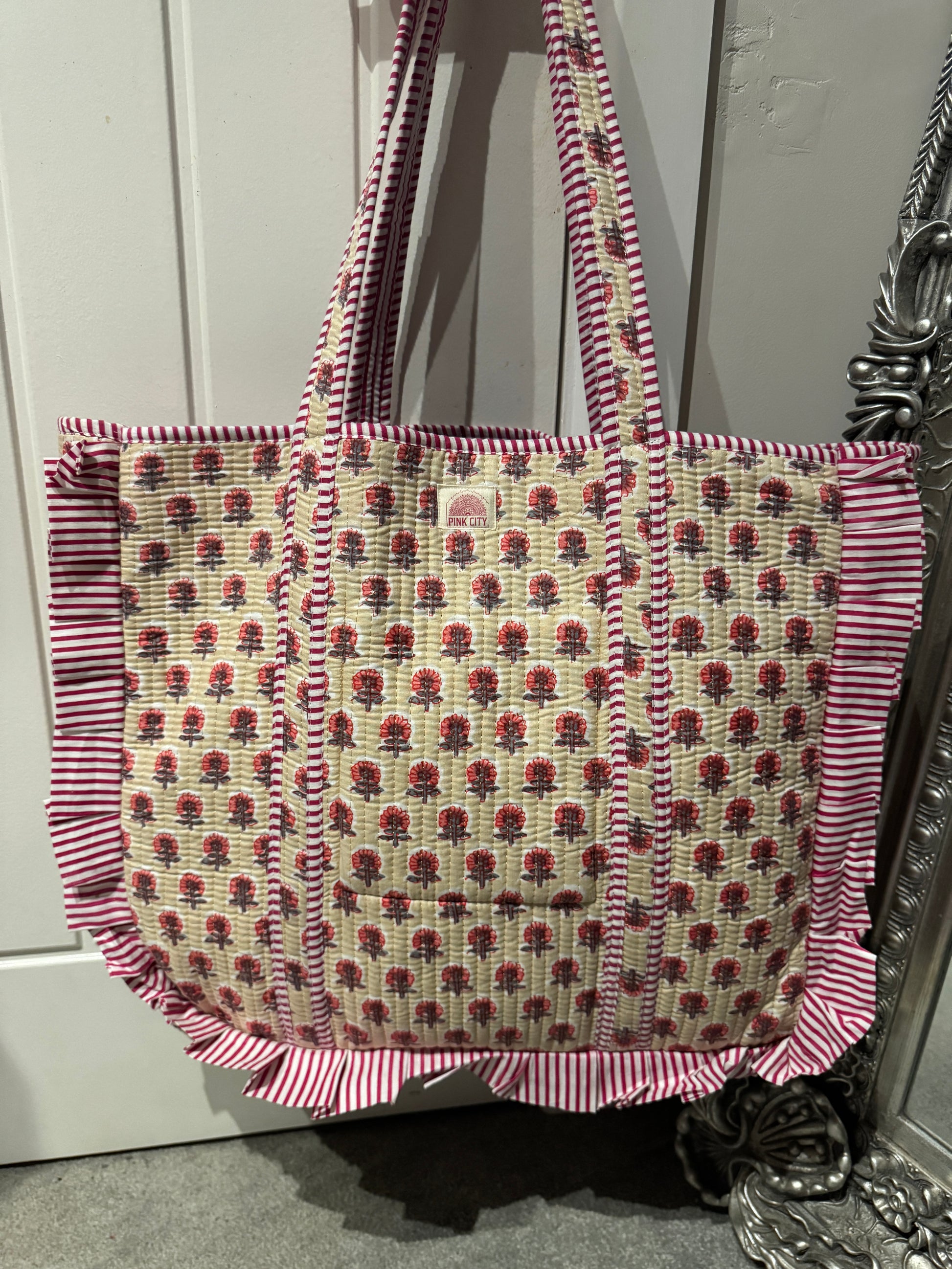 Cream and Pink Floral Frill Tote  image 1