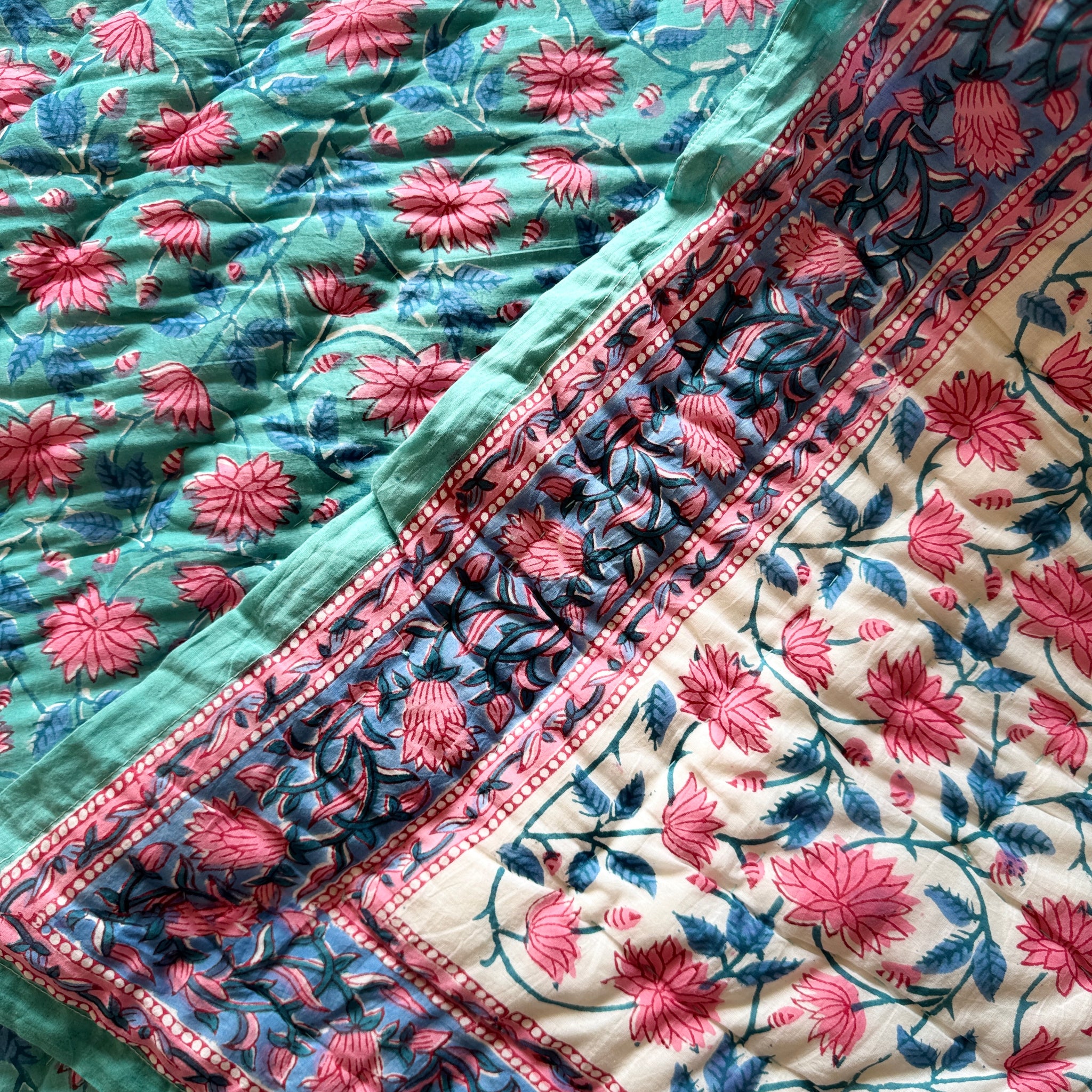 Green and Pink Floral Quilted Blanket