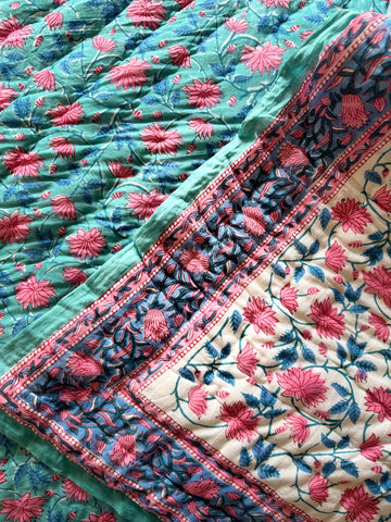 Green and Pink Floral Quilted Blanket