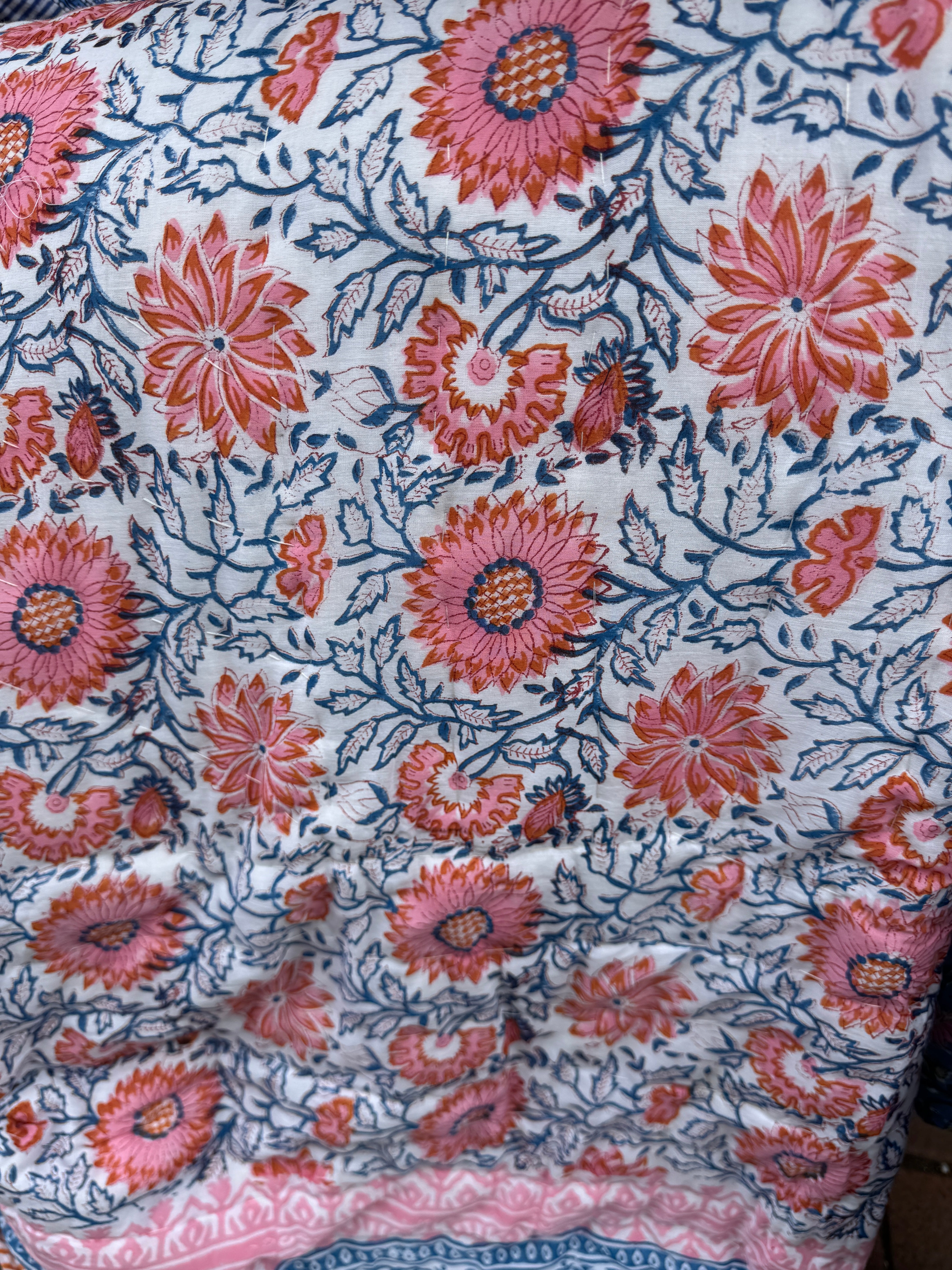 Red, blue and Pink Block Print Reversible Quilted Blanket