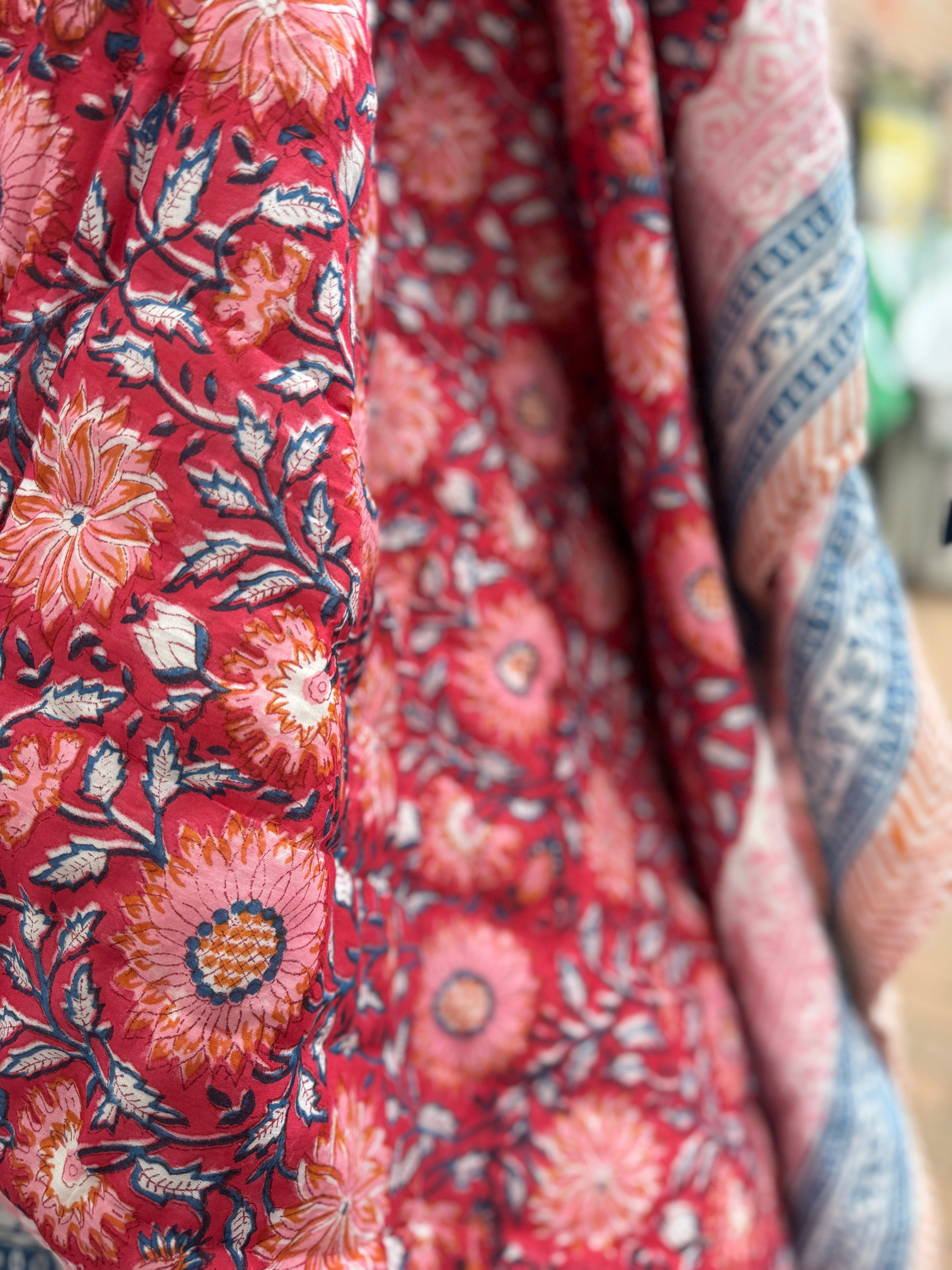 Red, blue and Pink Block Print Reversible Quilted Blanket