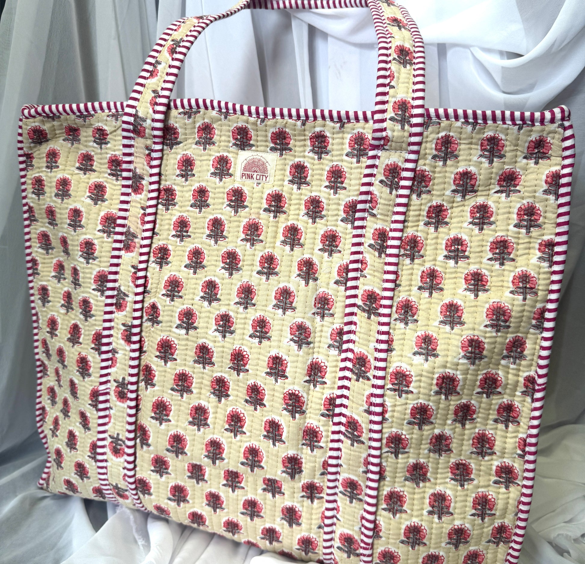 Zipped Cream and Pink Floral Tote  image 0