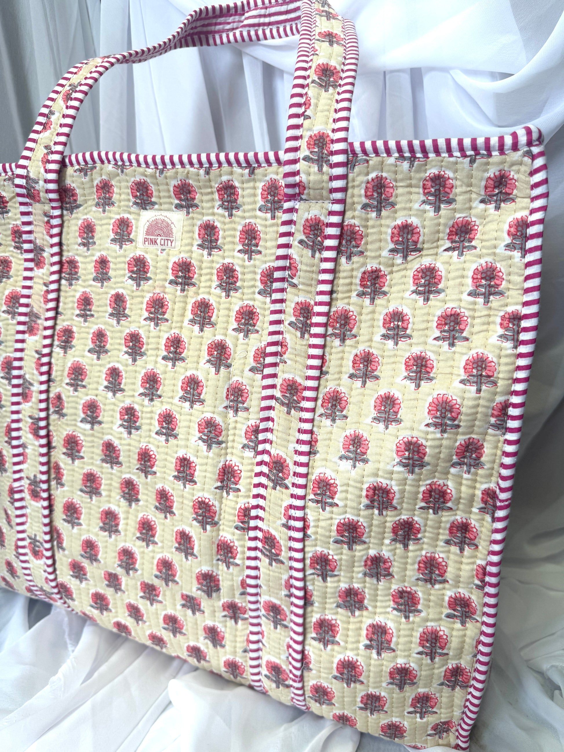 Zipped Cream and Pink Floral Tote  image 1