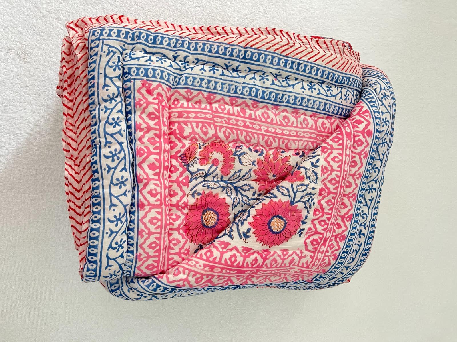 Red, blue and Pink Block Print Reversible Quilted Blanket