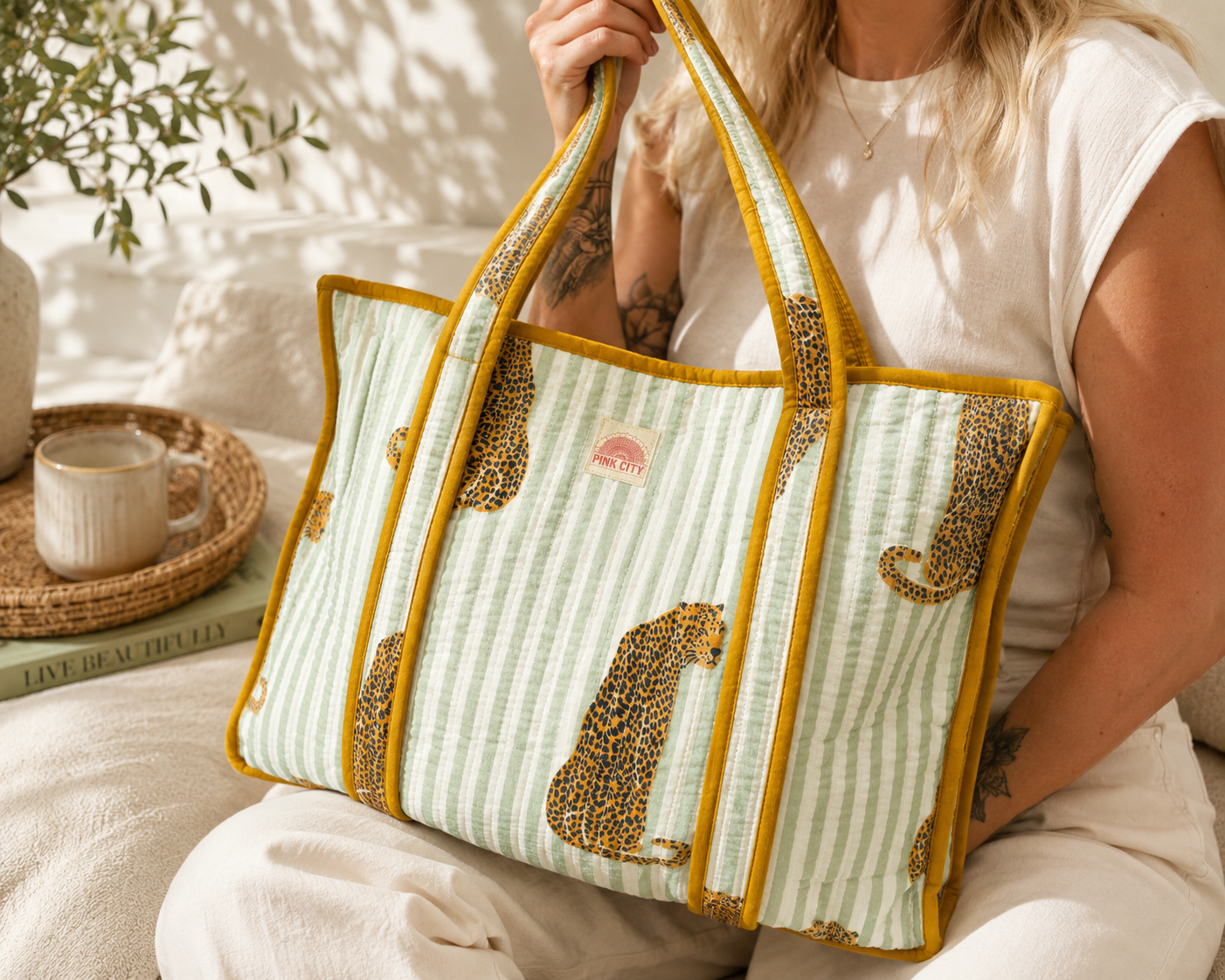 Sage Leopard Large Tote
