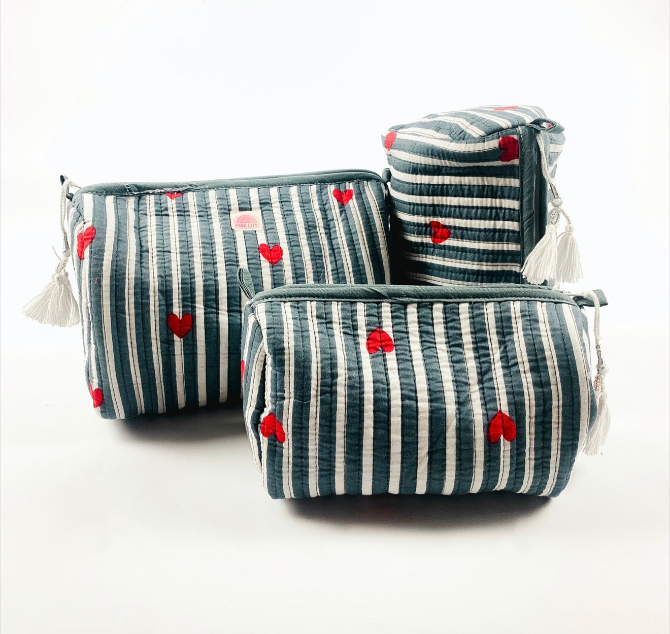 Blue Stripe Heart Set of 3 Washbags