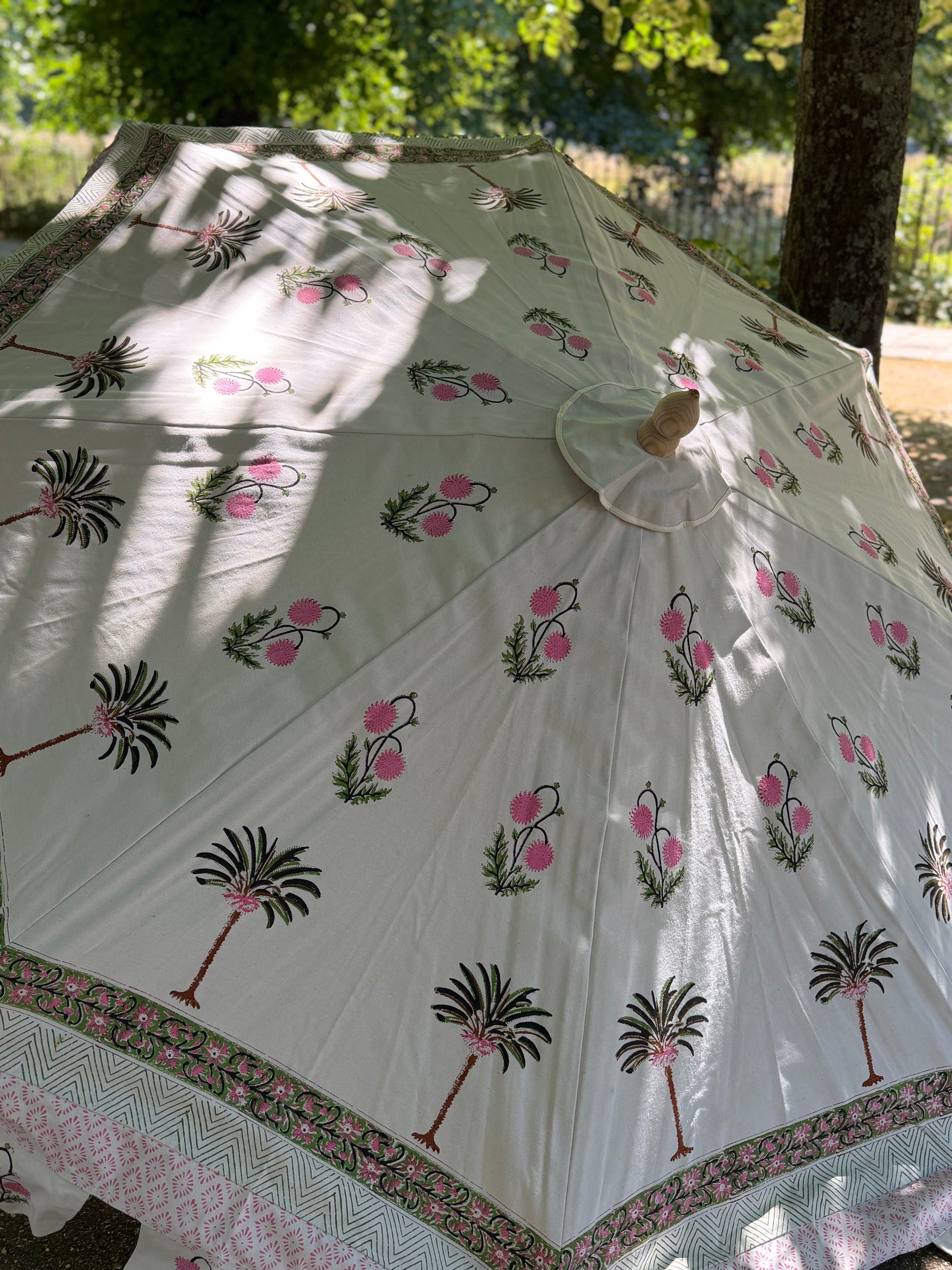 Pink Palm - Block Print, Wooden Parasol 2m