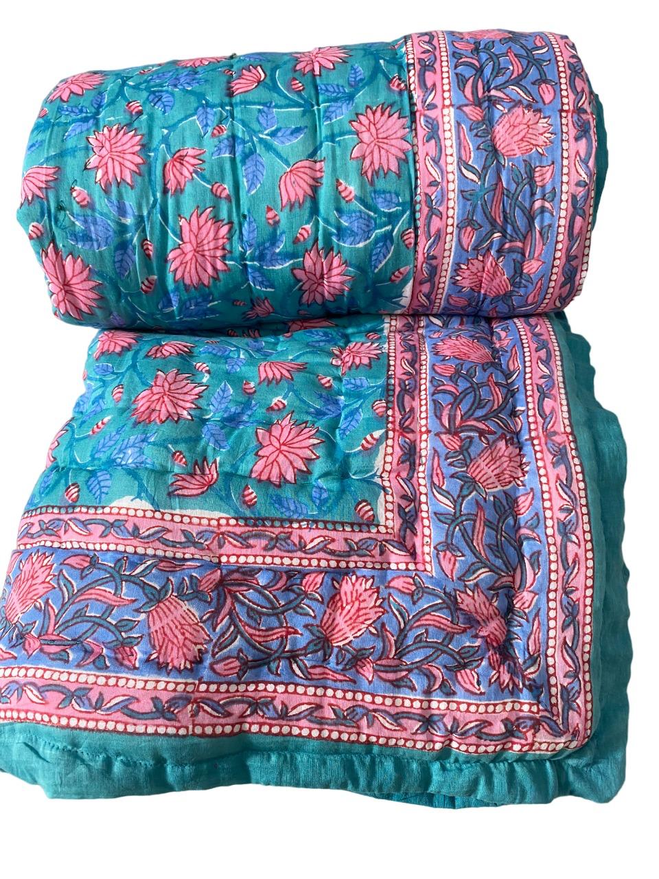 Green and Pink Floral Quilted Blanket