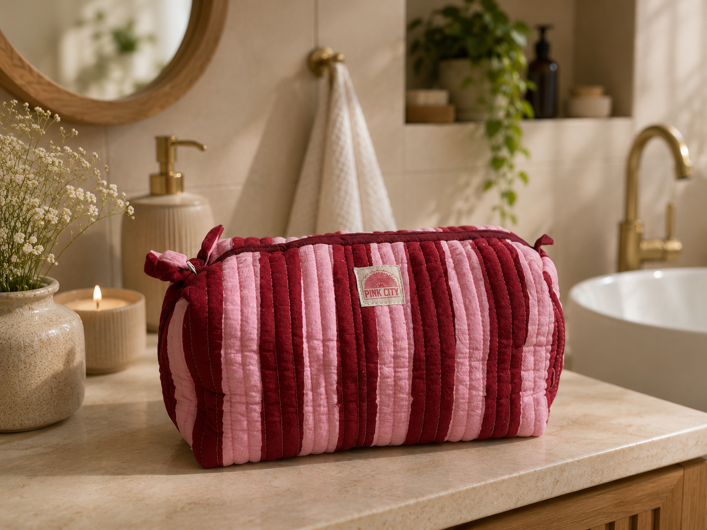 Burgundy Stripe - Set of 3 Washbag