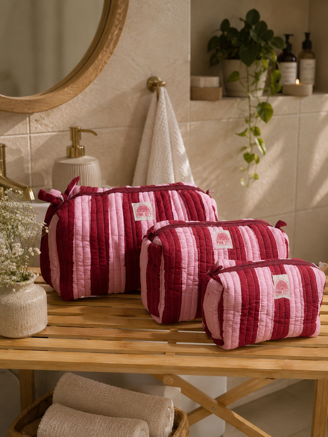 Burgundy Stripe - Set of 3 Washbag
