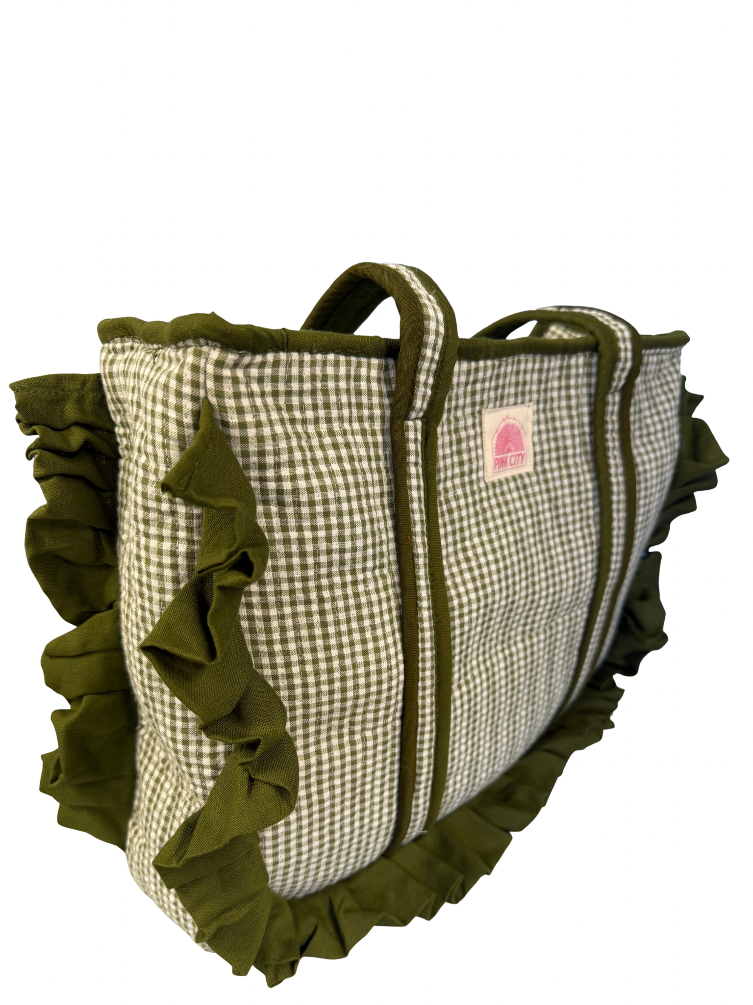 Green Gingham Midi Frill Tote