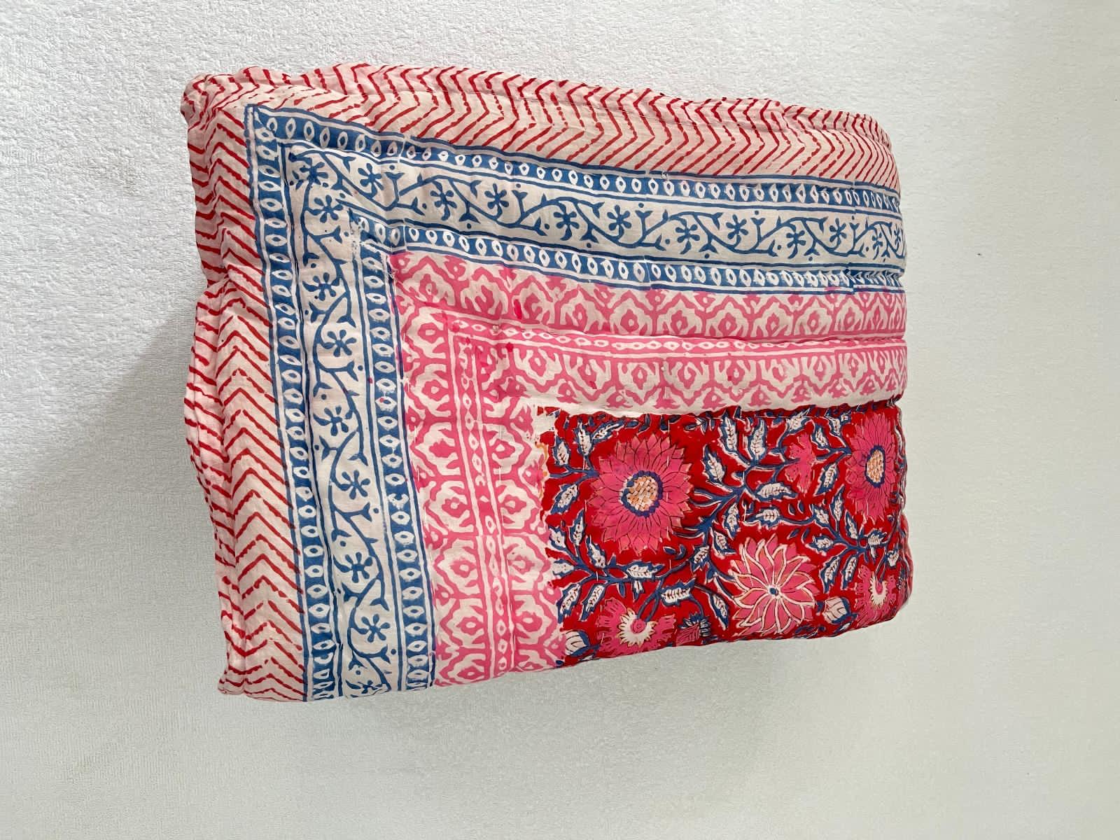 Red, blue and Pink Block Print Reversible Quilted Blanket