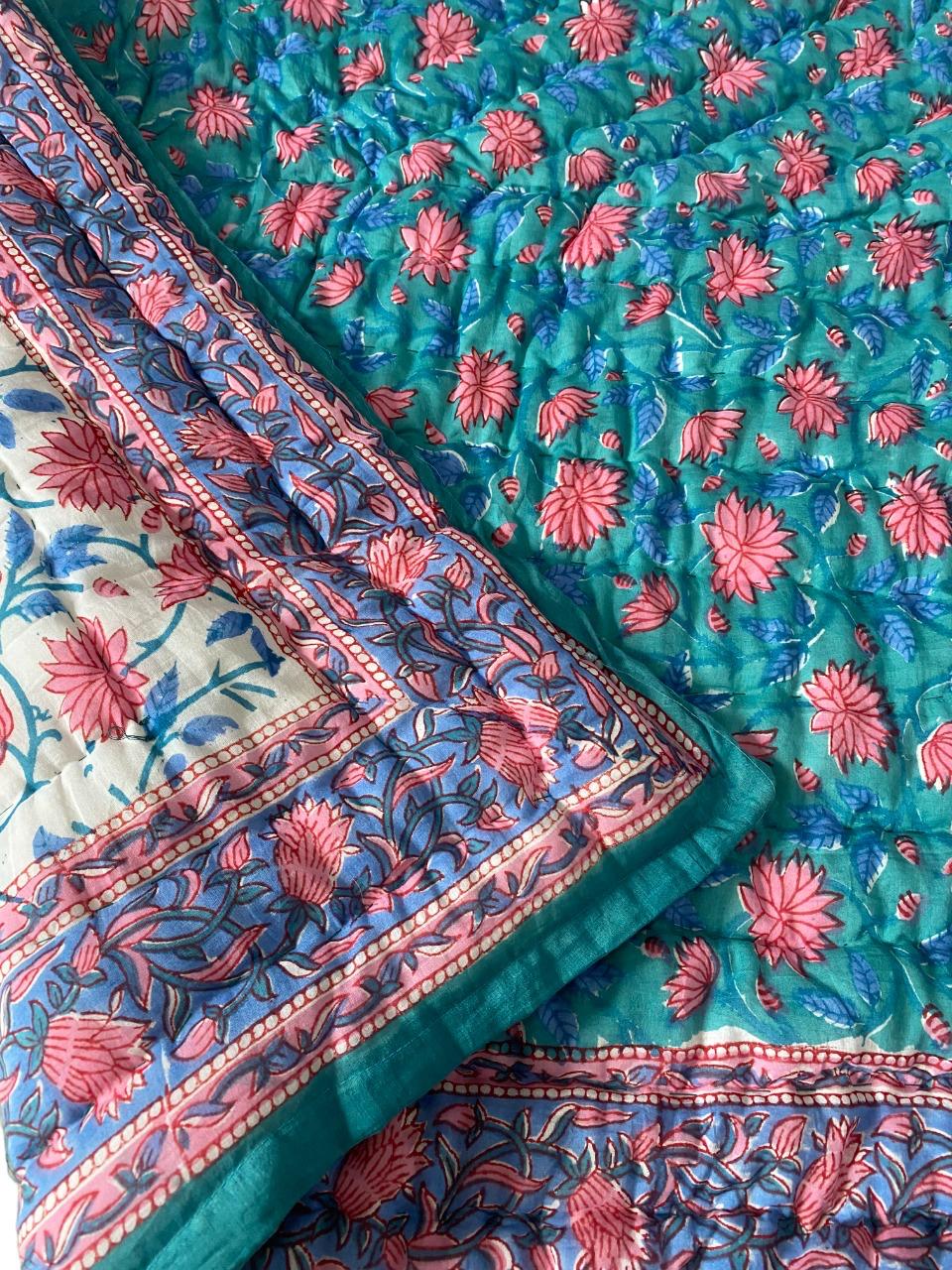 Green and Pink Floral Quilted Blanket