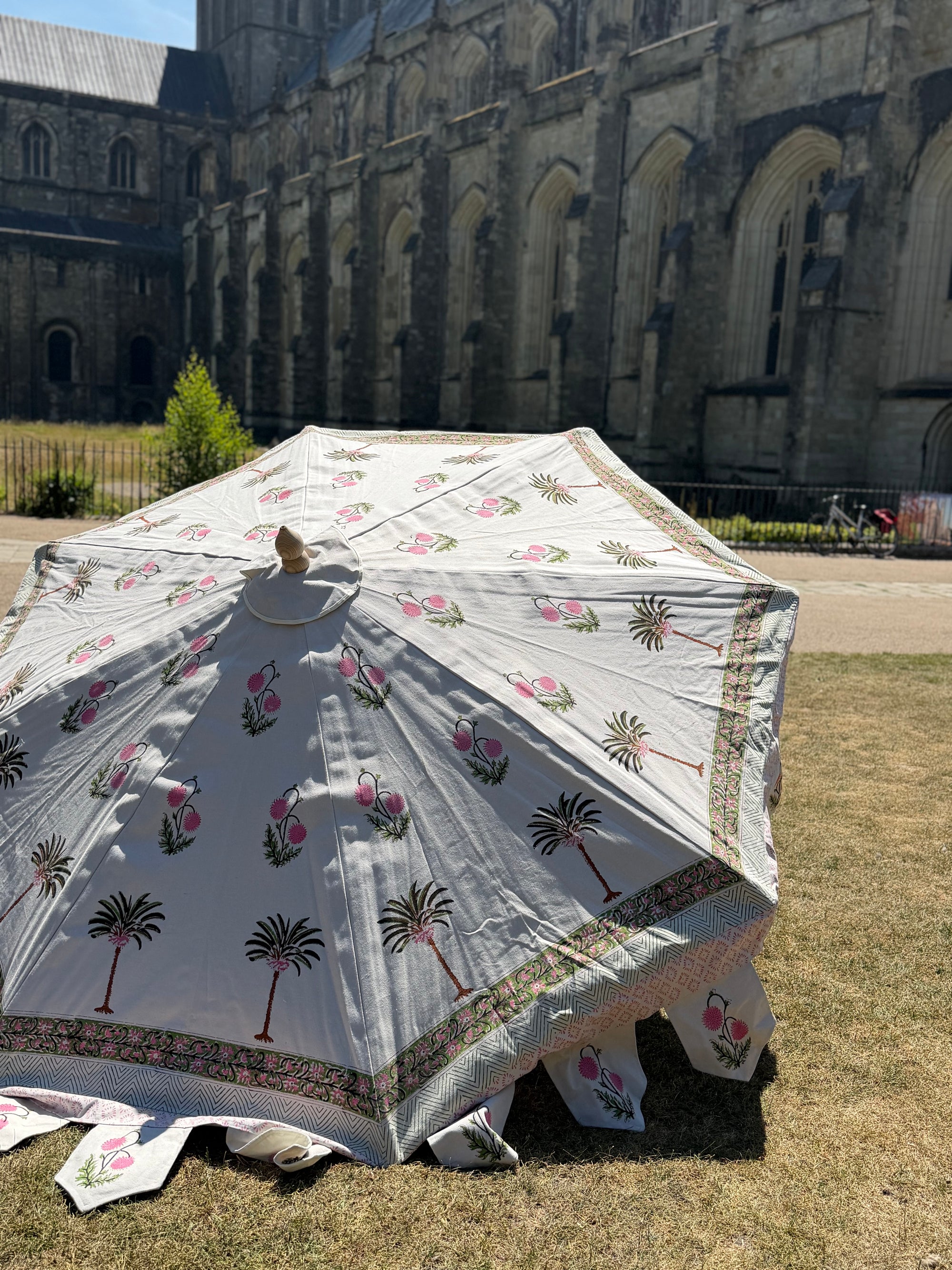 Pink Palm - Block Print, Wooden Parasol 2m