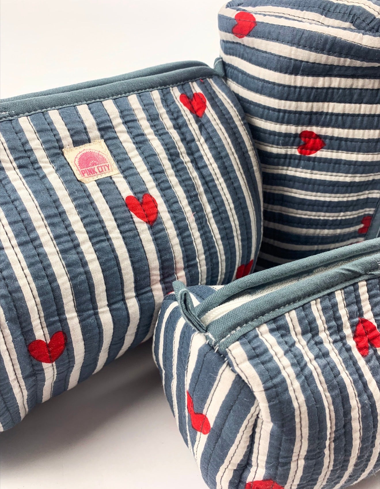 Blue Stripe Heart Set of 3 Washbags