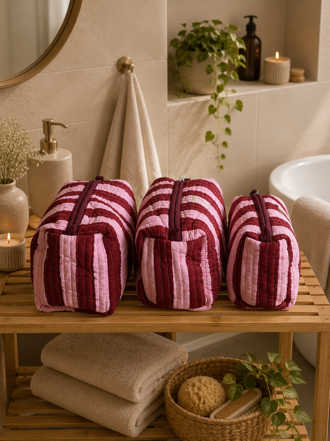 Burgundy Stripe - Set of 3 Washbag
