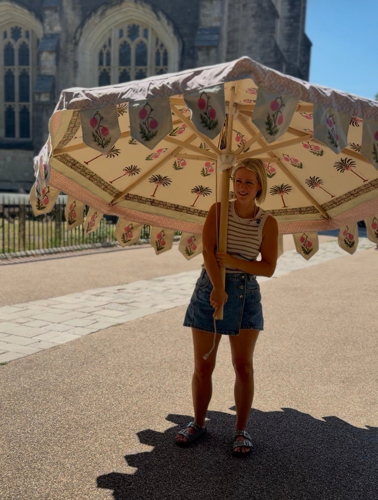 Pink Palm - Block Print, Wooden Parasol 2m