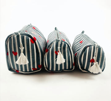 Blue Stripe Heart Set of 3 Washbags
