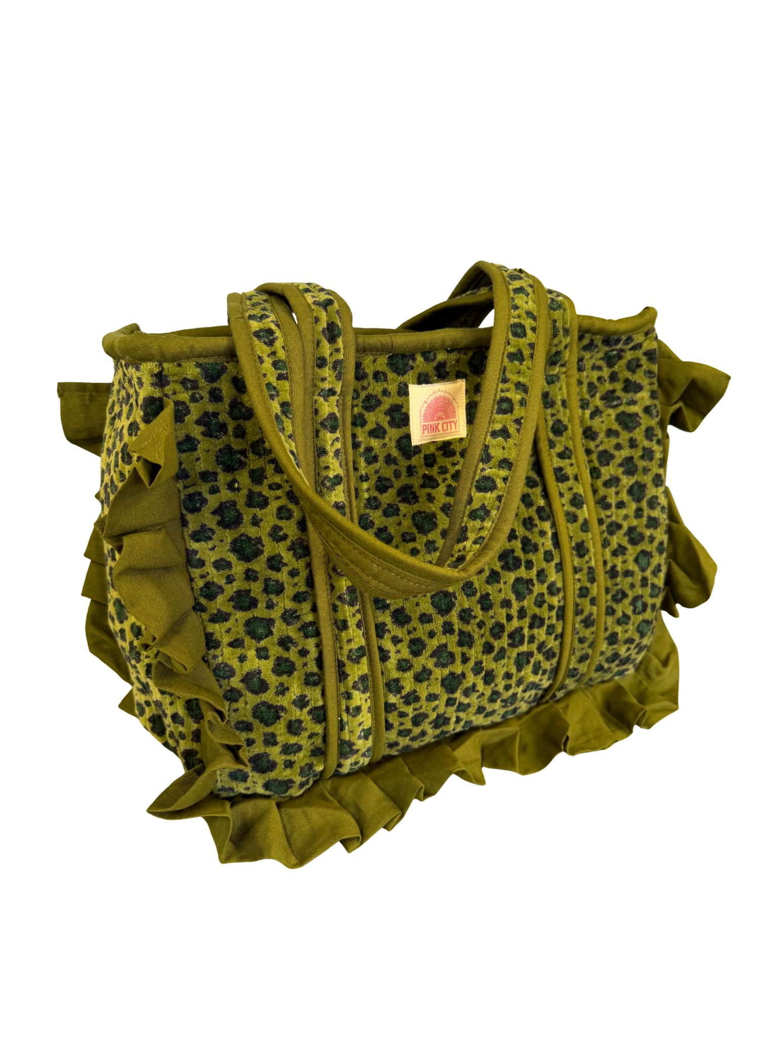 Velvet Green Leopard Frill Midi Tote