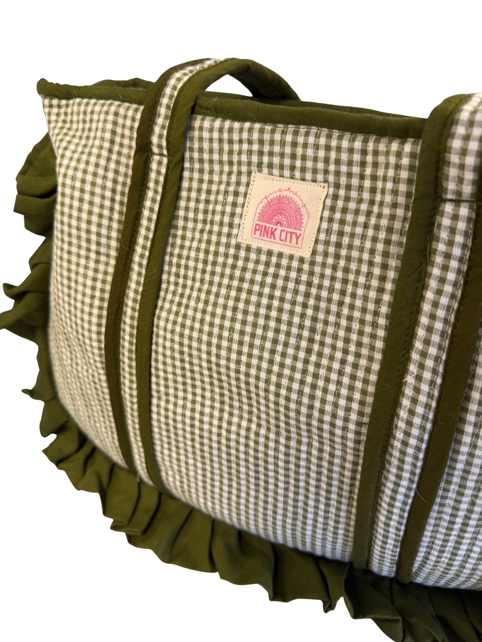 Green Gingham Midi Frill Tote