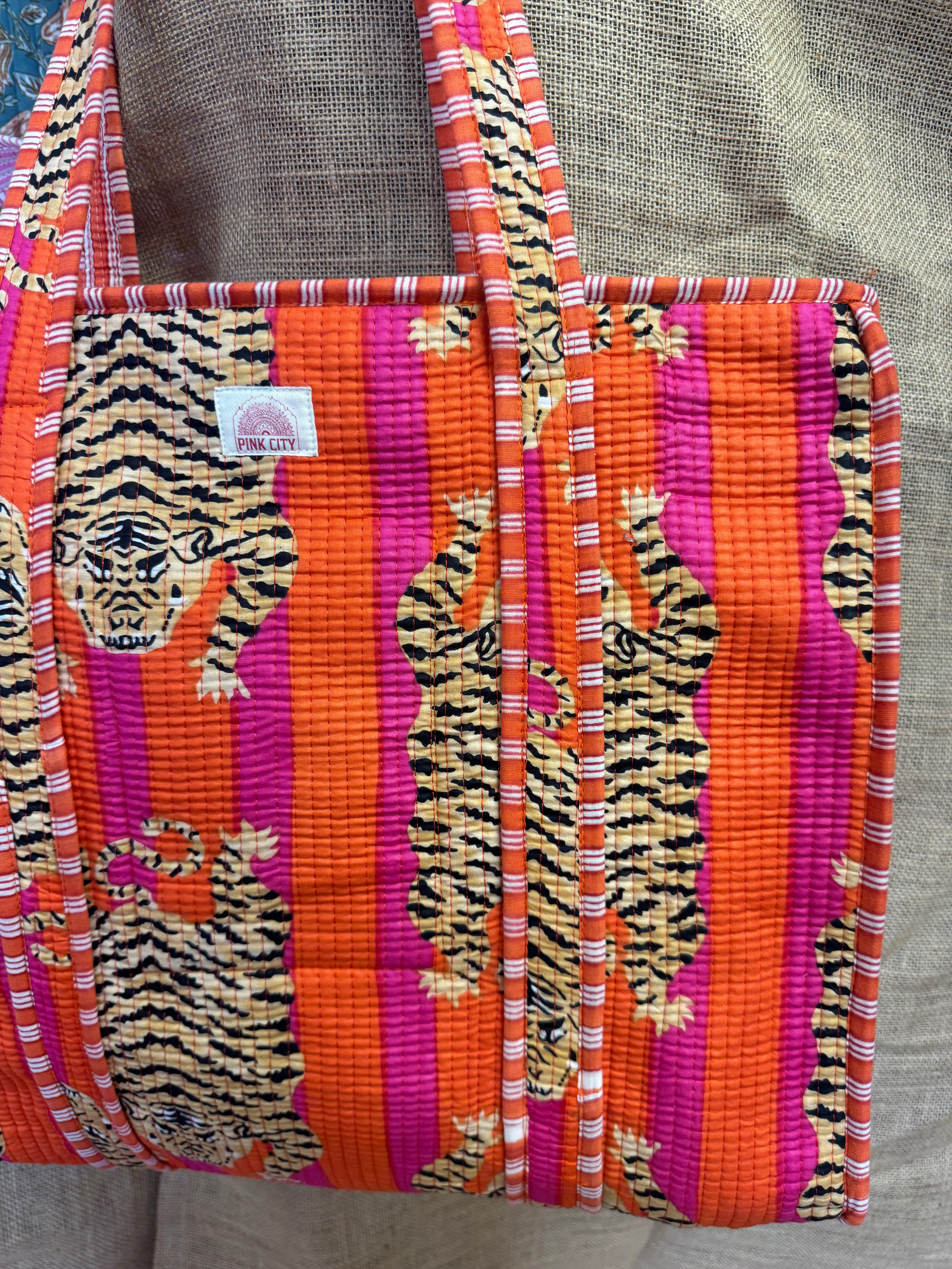 Zipped Red & Orange Tibetan Tiger Tote
