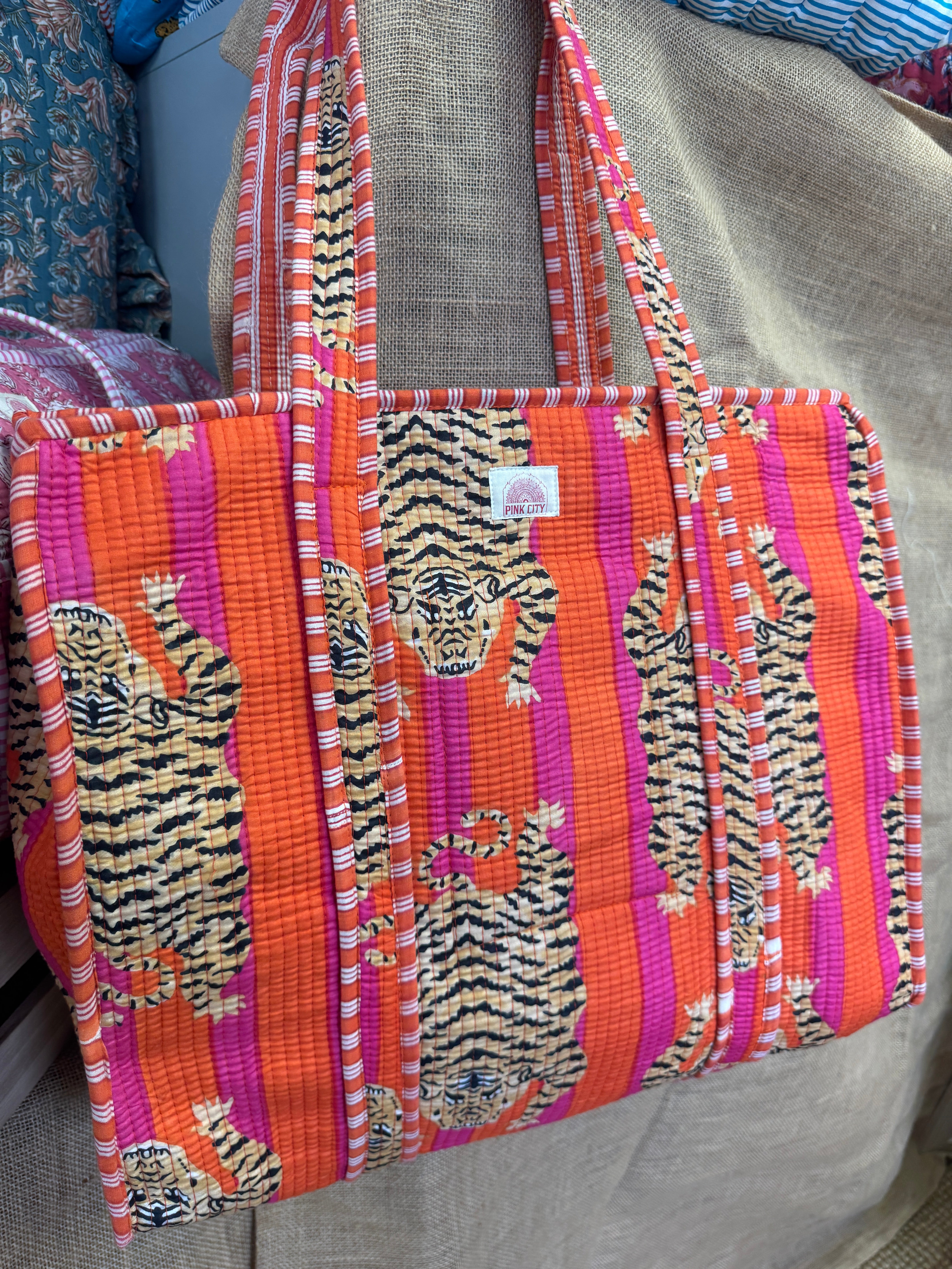 Zipped Red & Orange Tibetan Tiger Tote