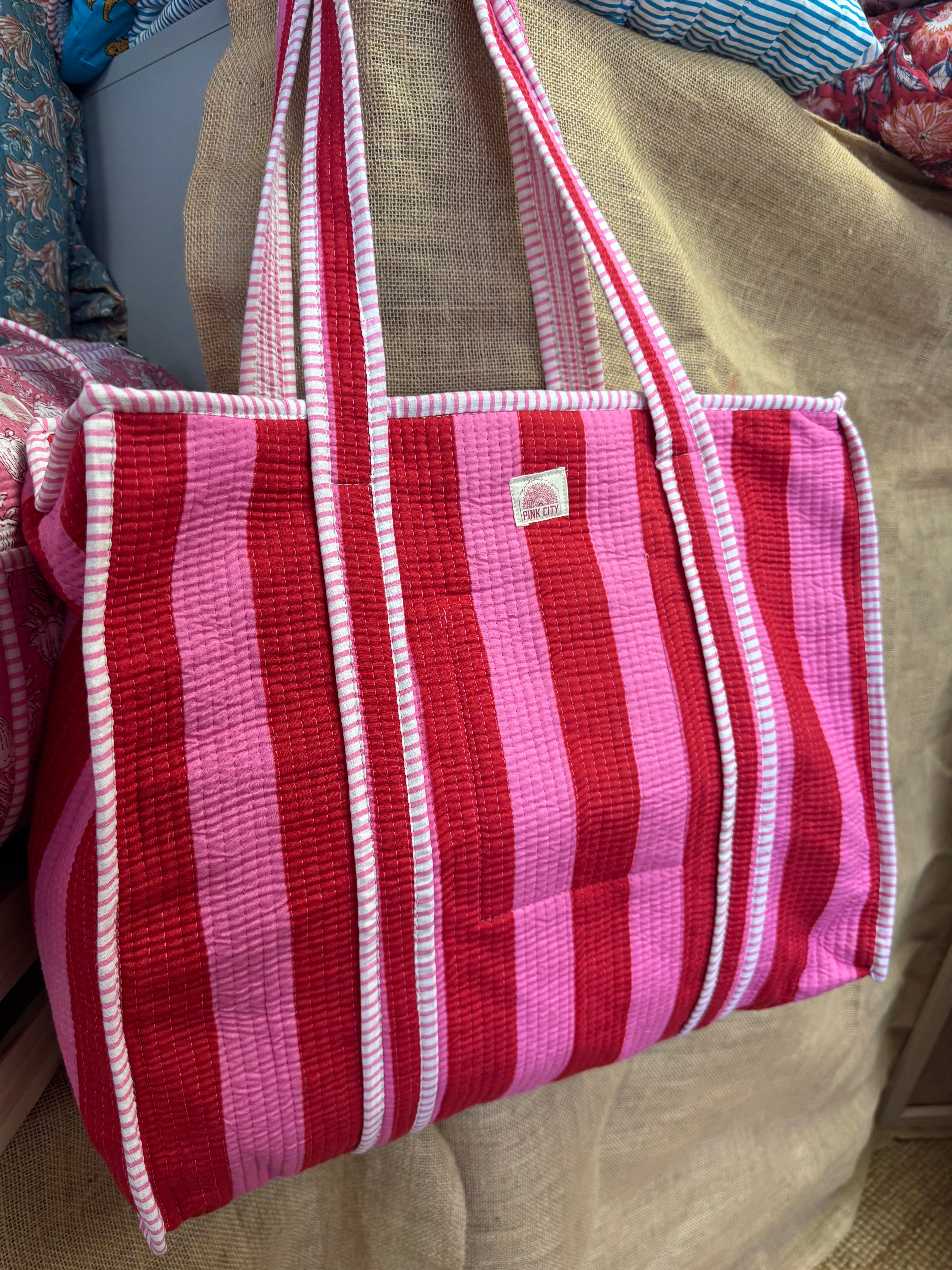 Zipped Pink & Red Stripe Tote