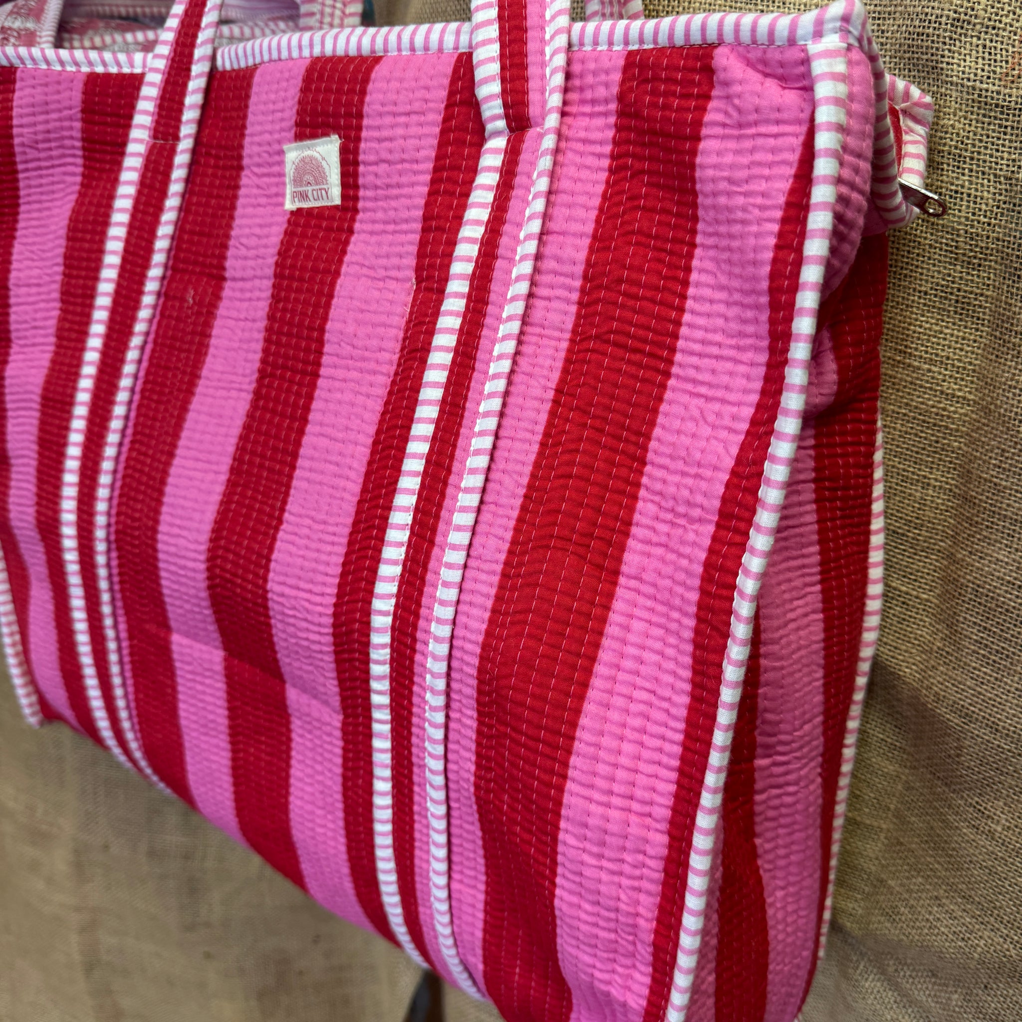 Zipped Pink & Red Stripe Tote