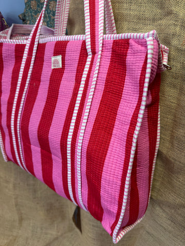Zipped Pink & Red Stripe Tote