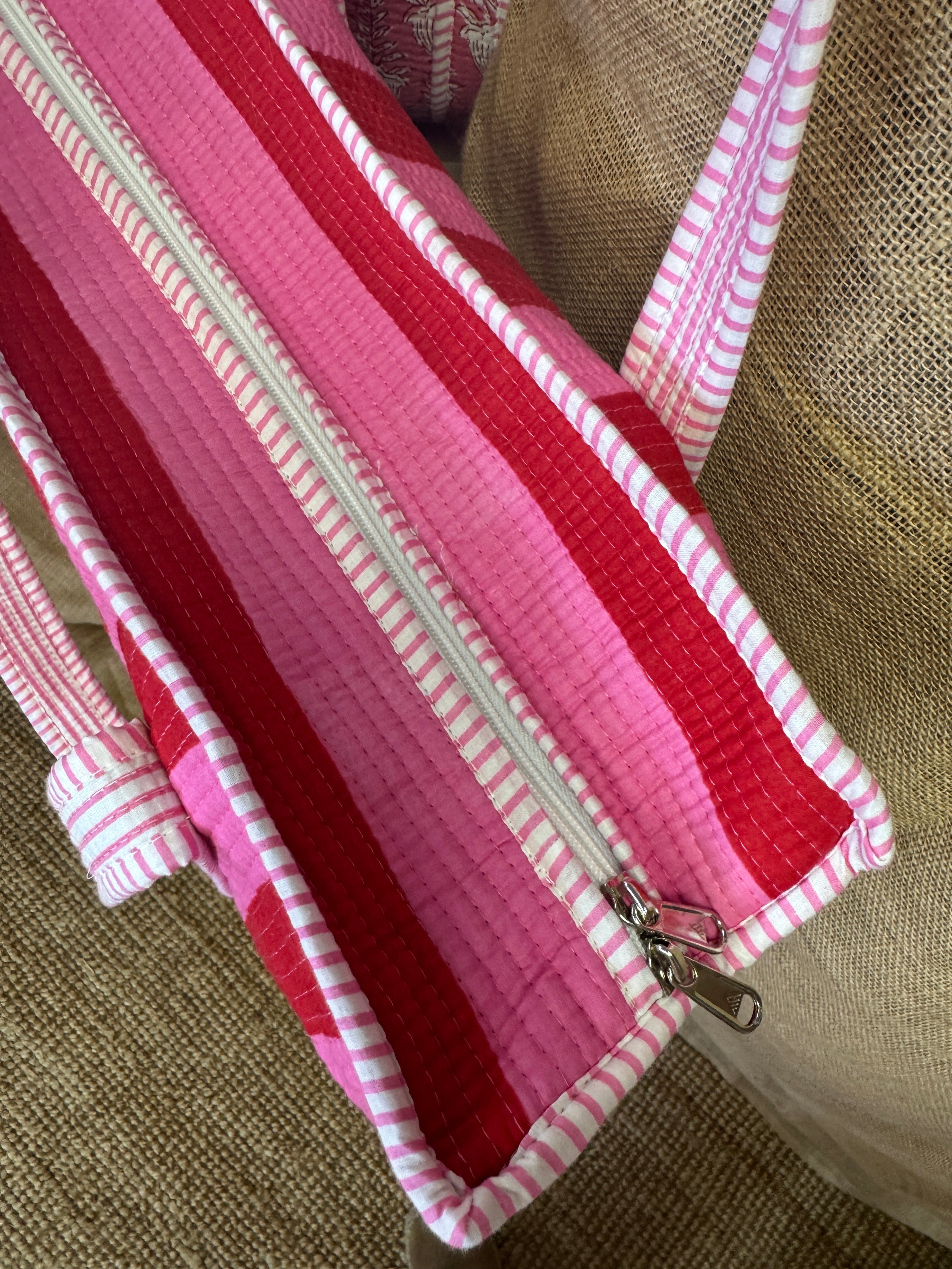 Zipped Pink & Red Stripe Tote