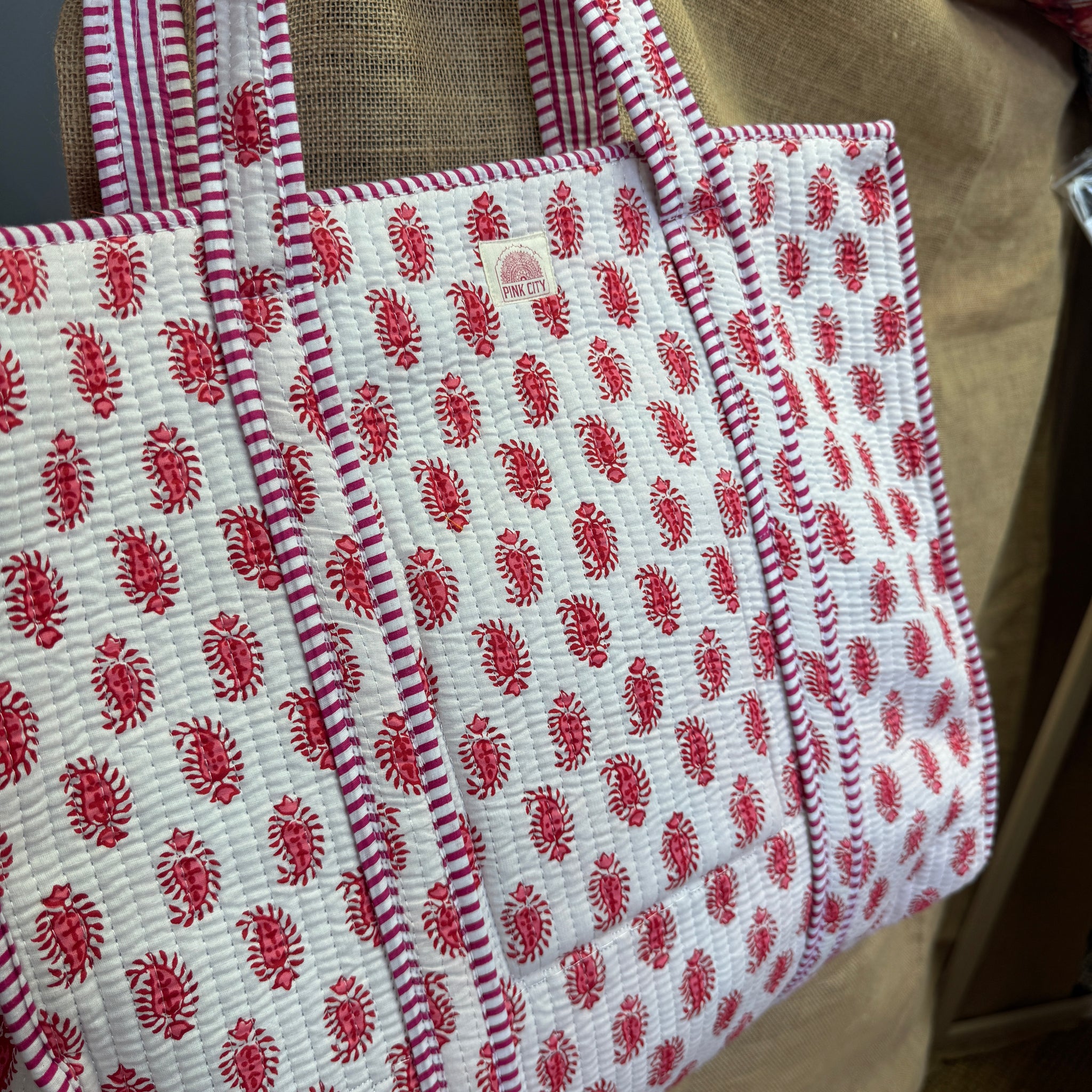 Zipped Pink & White Motif Tote