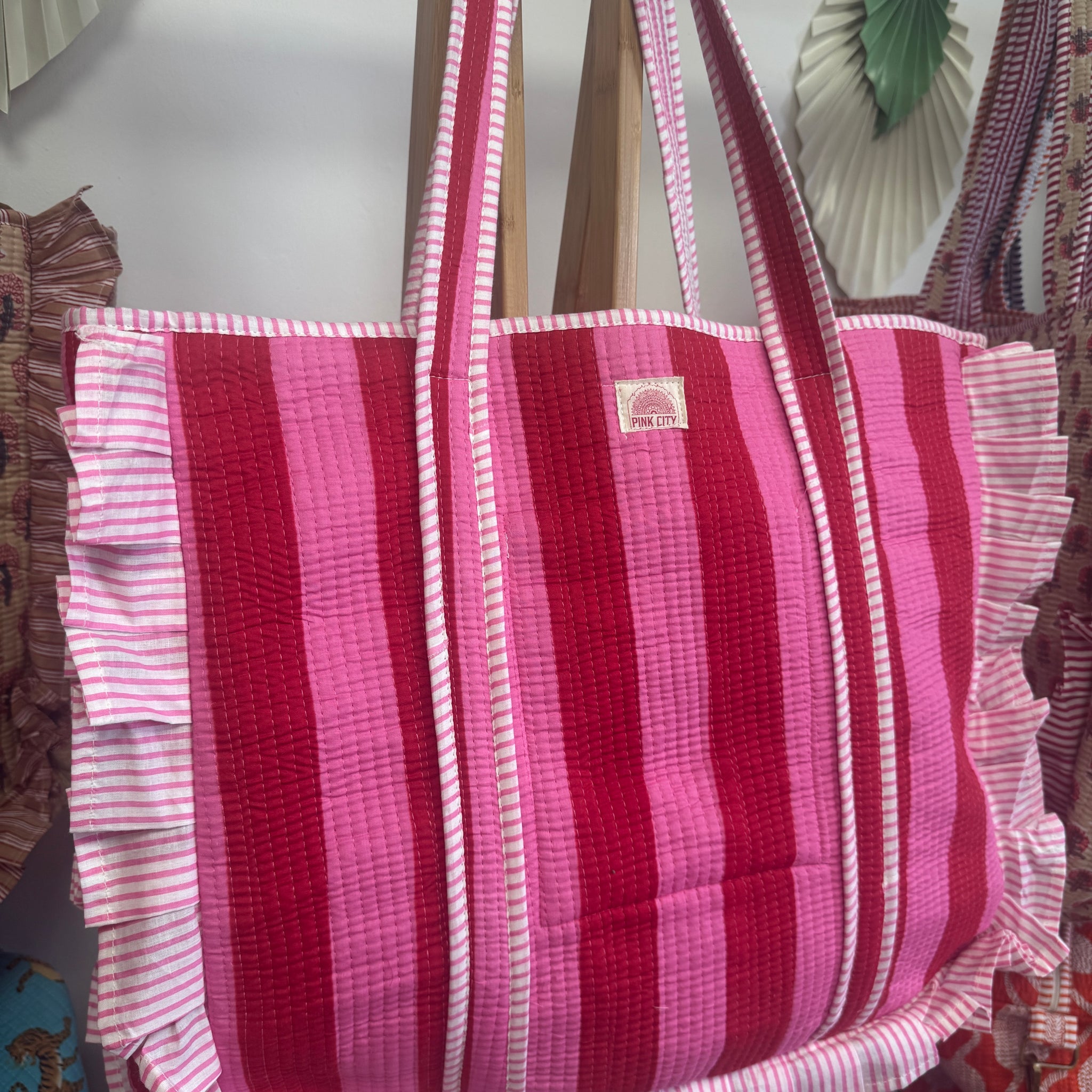 Red and Pink Stripe Frill Tote