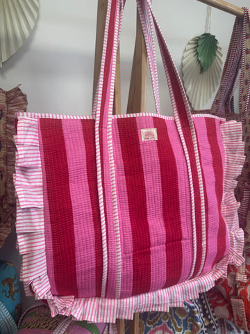 Red and Pink Stripe Frill Tote