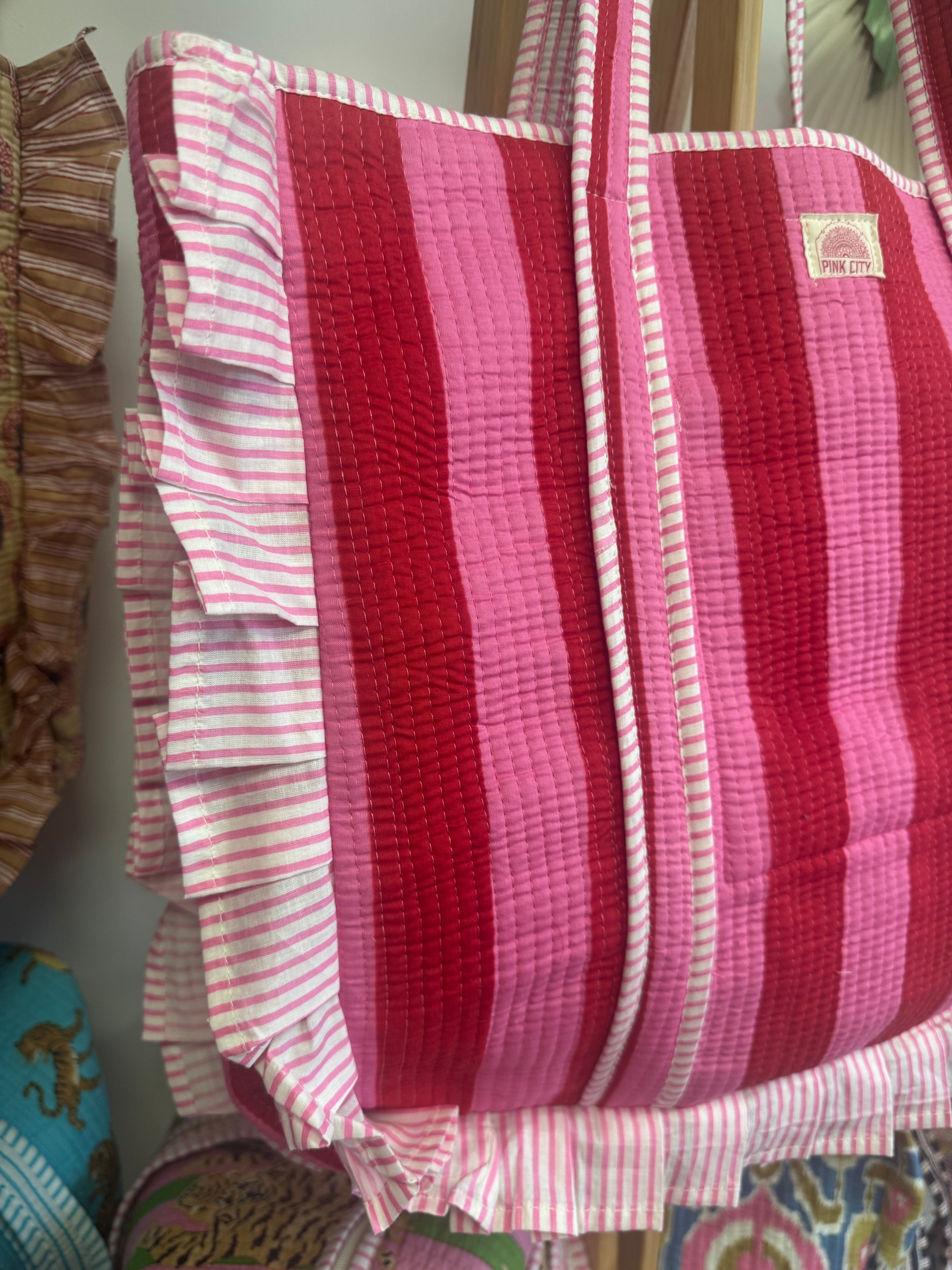 Red and Pink Stripe Frill Tote