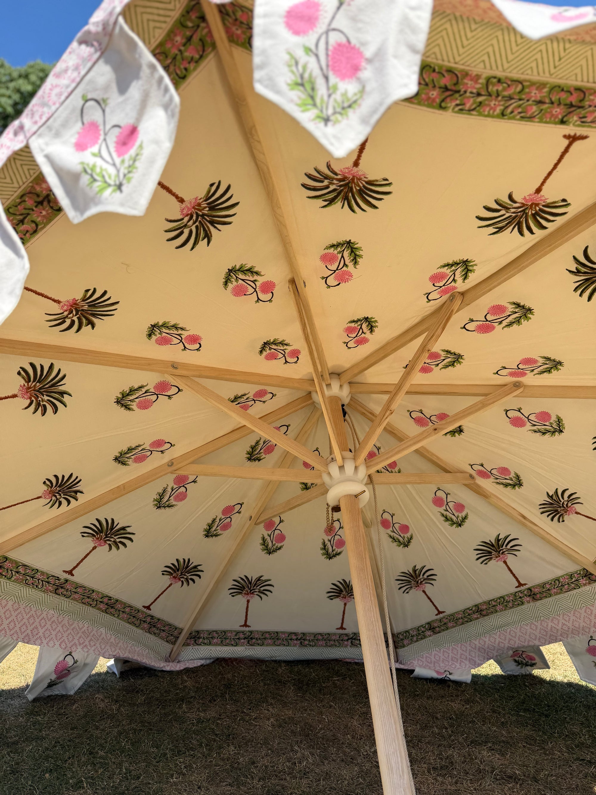 Pink Palm - Block Print, Wooden Parasol 2m