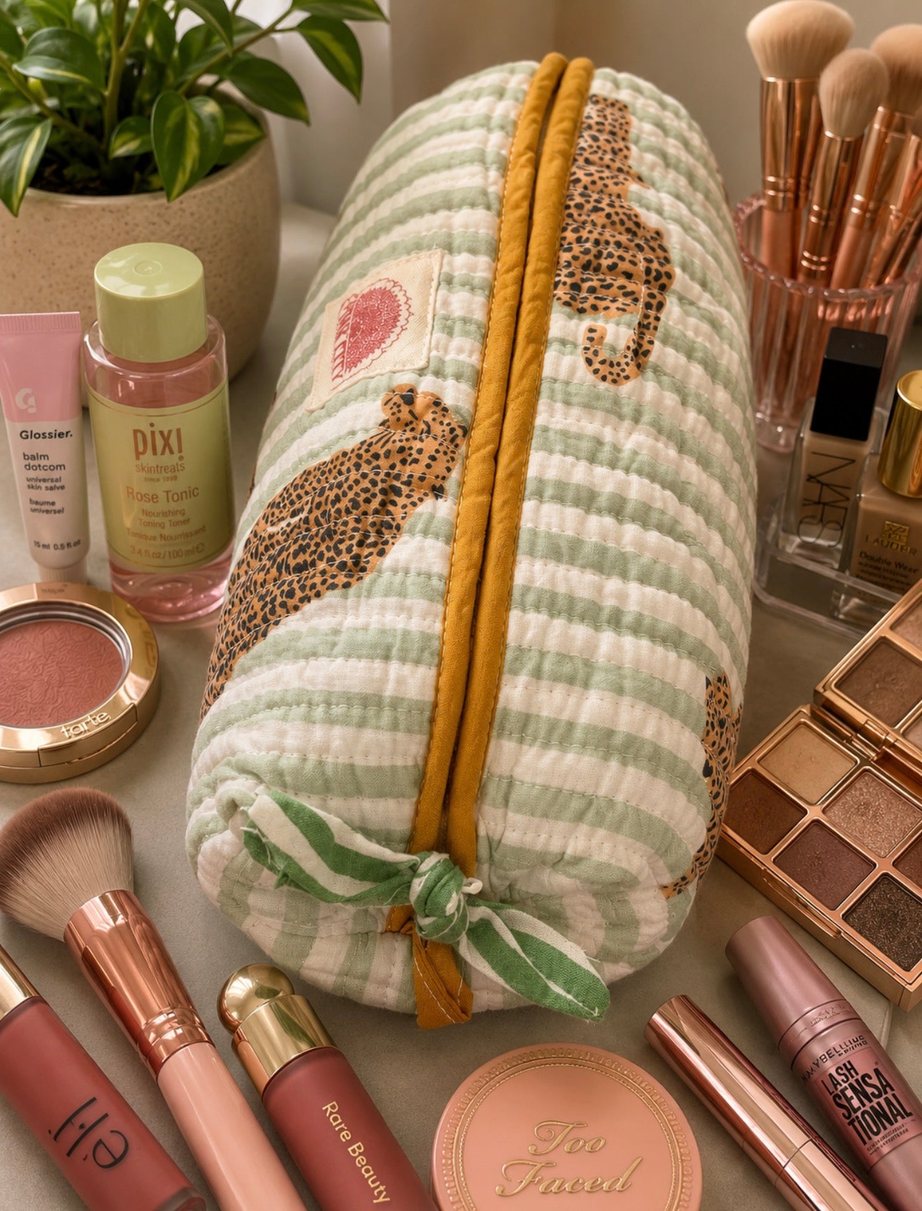 Striped Sage Cheetah Washbag Set