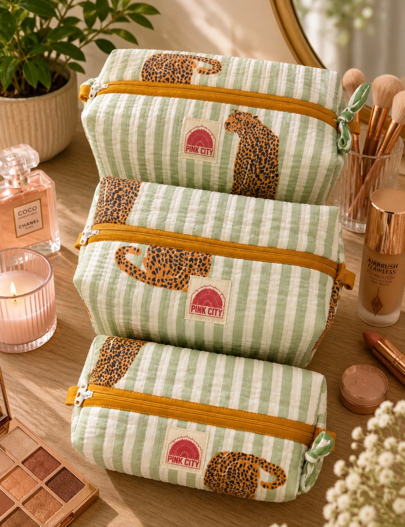 Striped Sage Cheetah Washbag Set