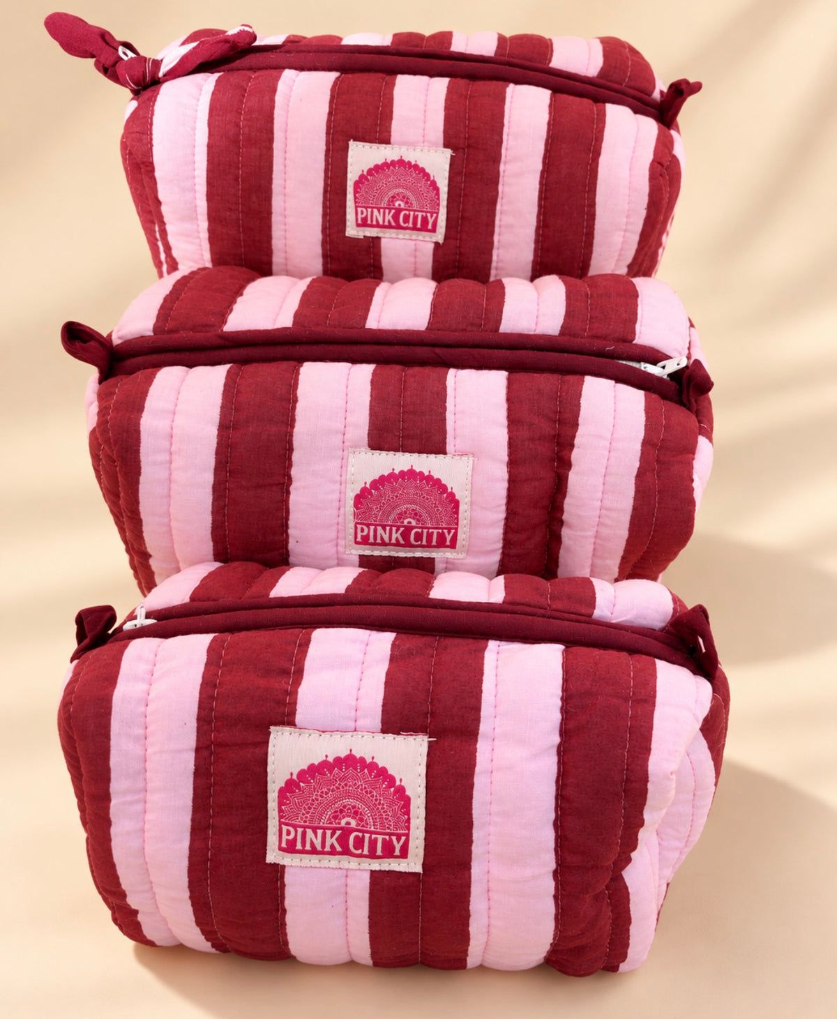 Burgundy Stripe Set of Three Wash bags