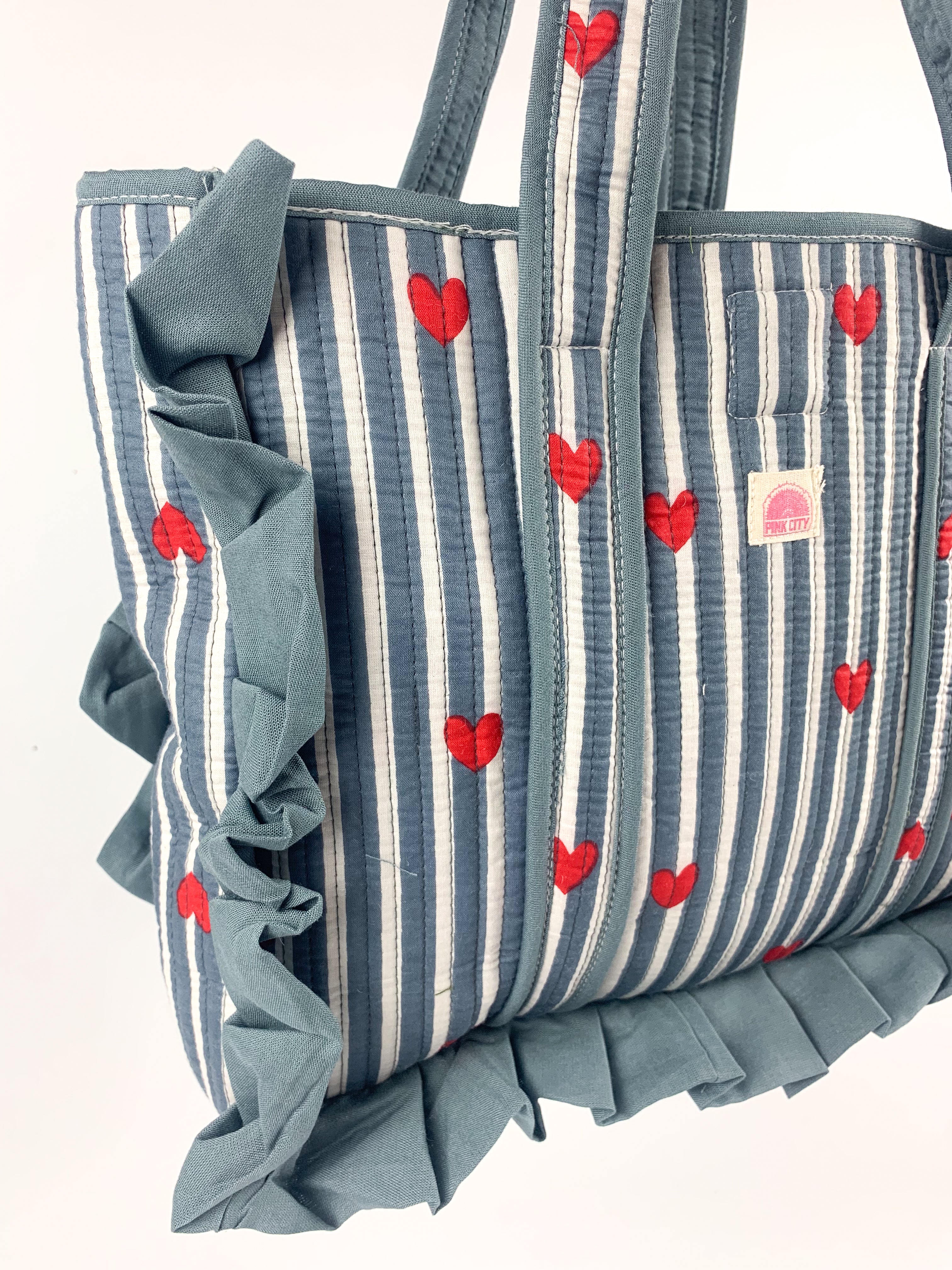 Blue Stripe Heart Frill Tote