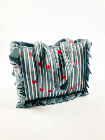 Blue Stripe Heart Frill Tote