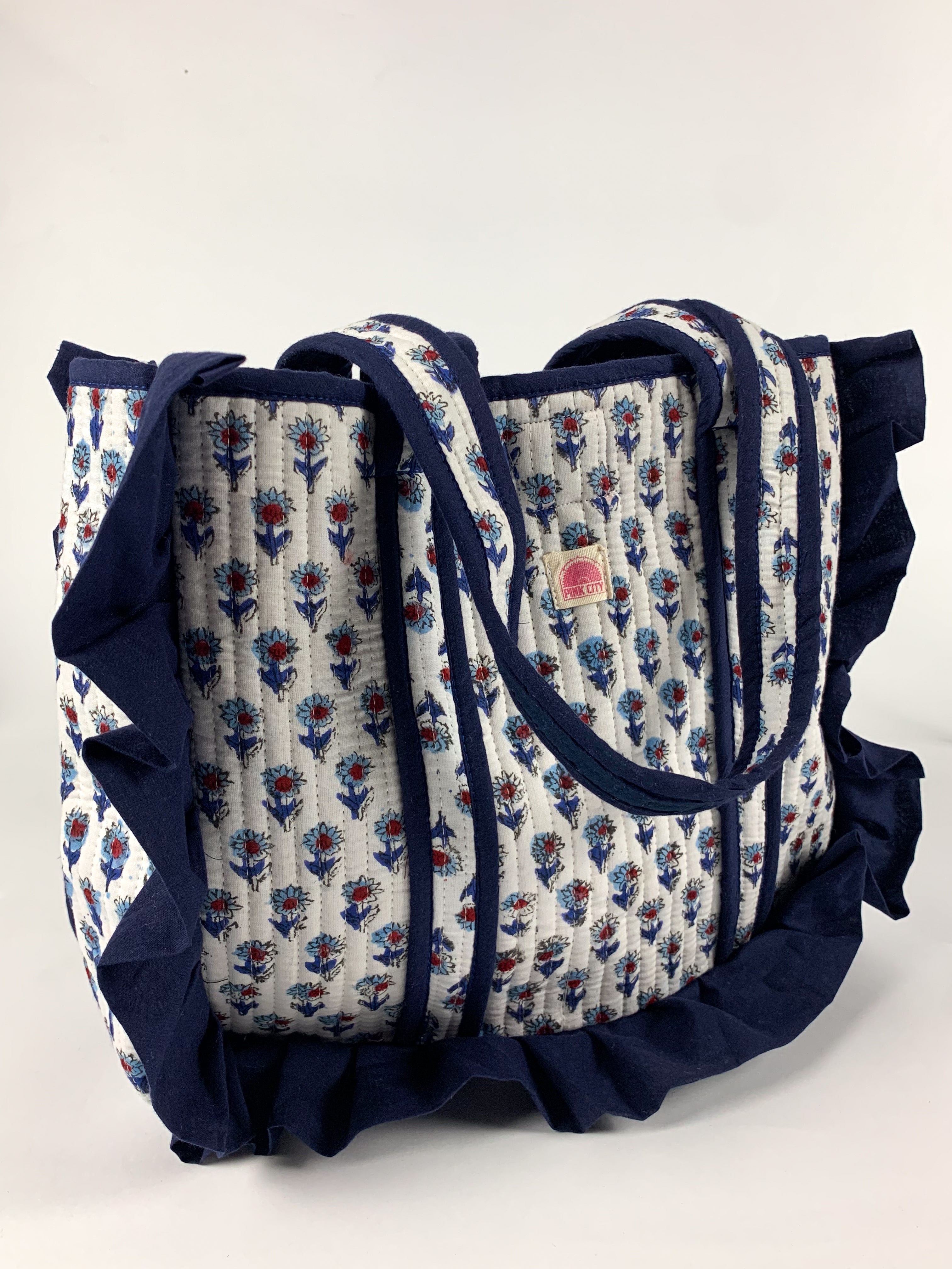 Navy Mini flower Midi Frill Tote