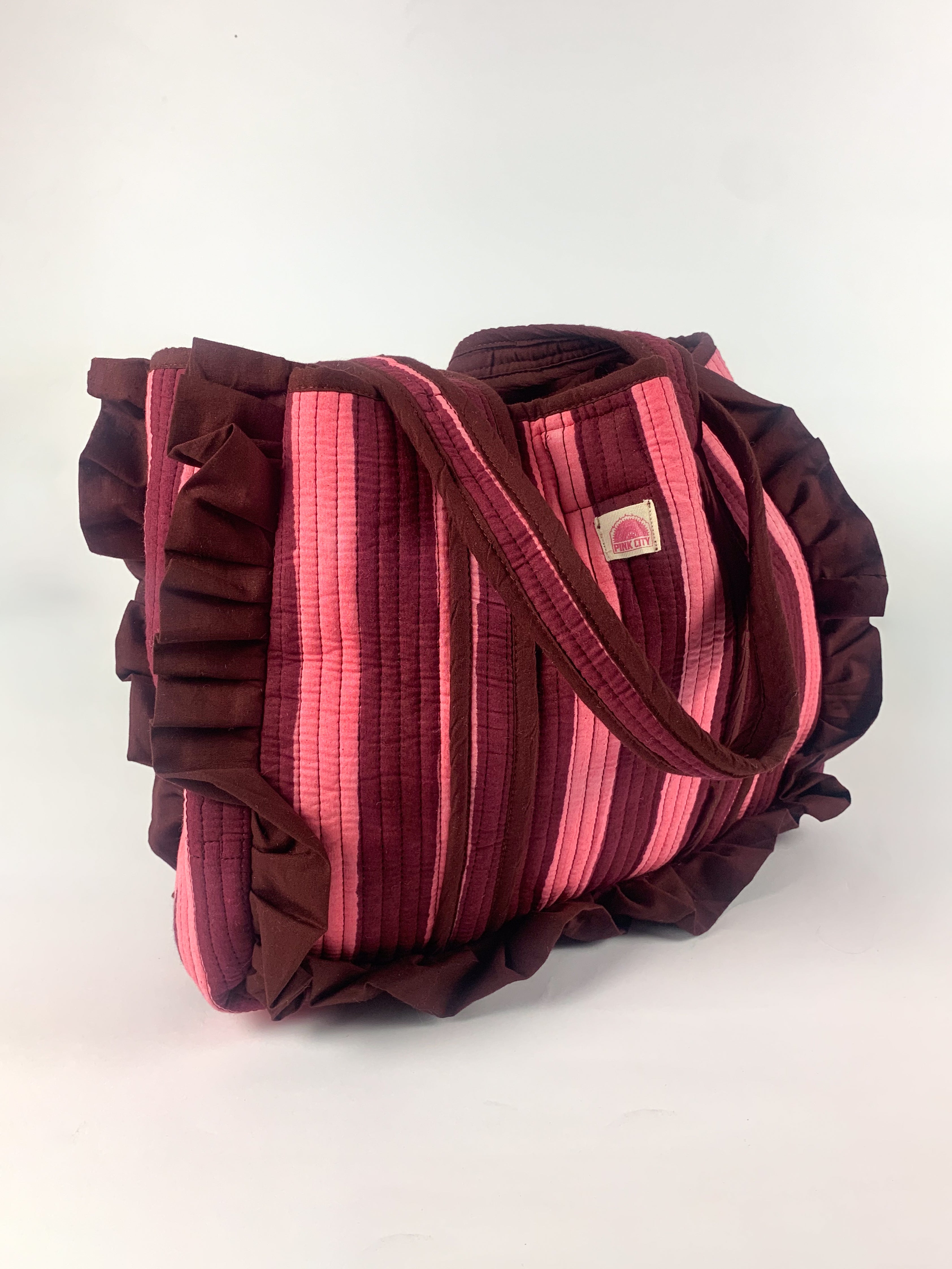 Pre Order - Burgundy Stripe Midi Frill Tote
