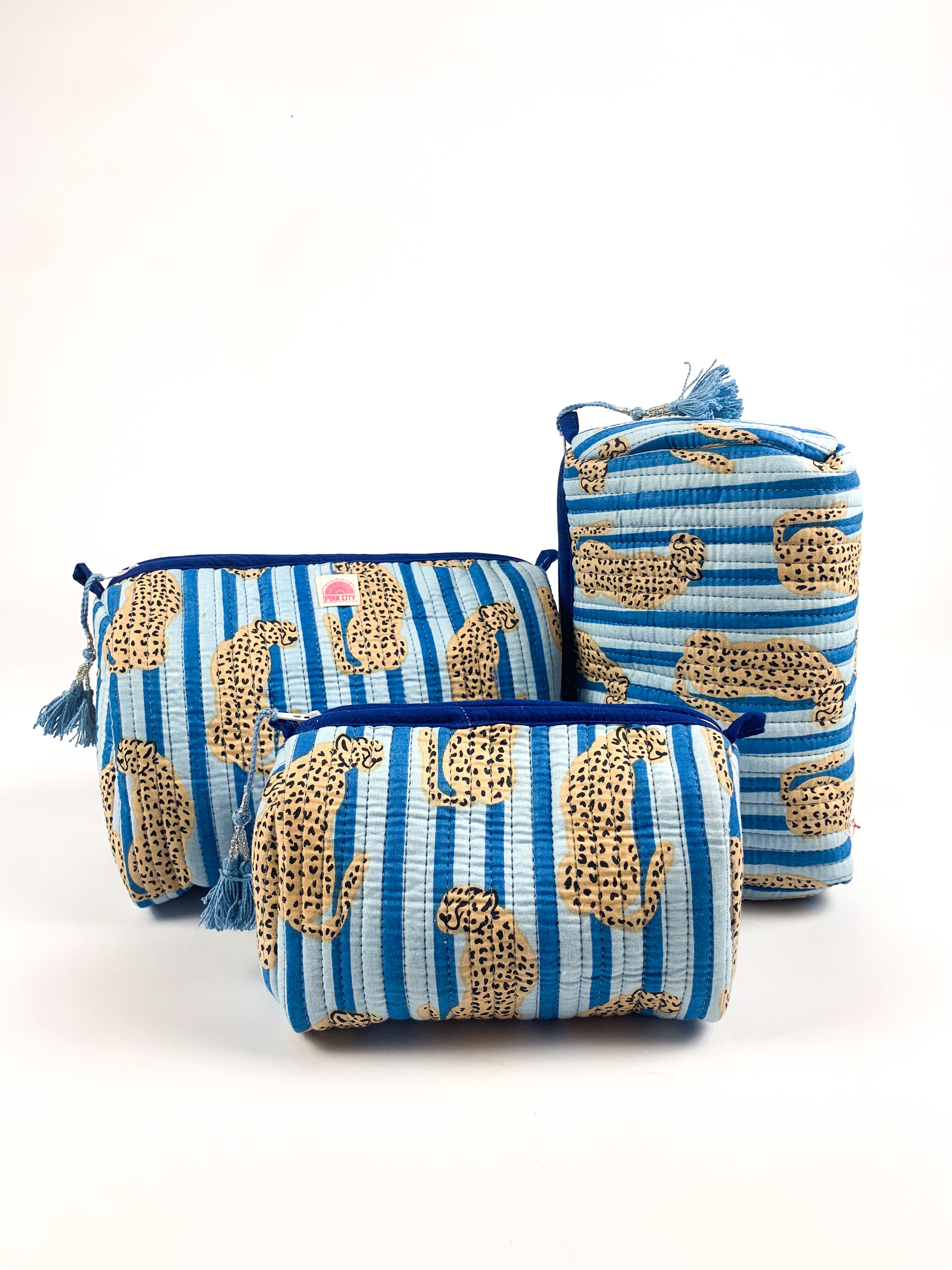 Blue Stripe Cheetah Set of 3 Washbags
