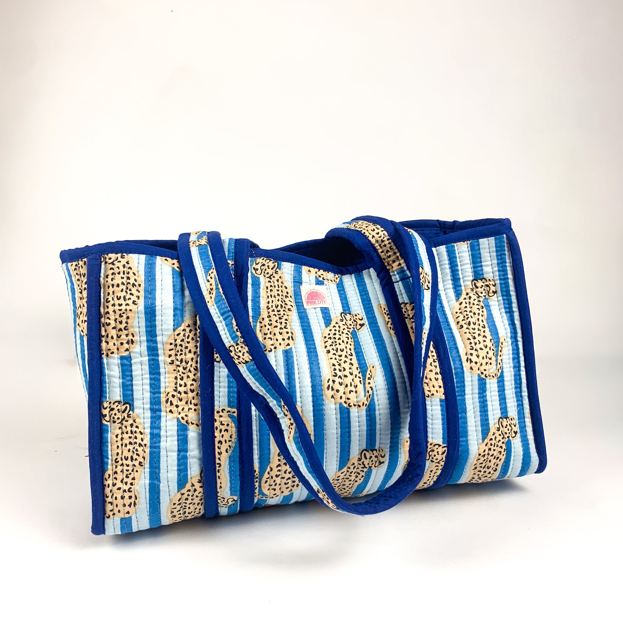 Blue Stripe Cheetah Midi Tote