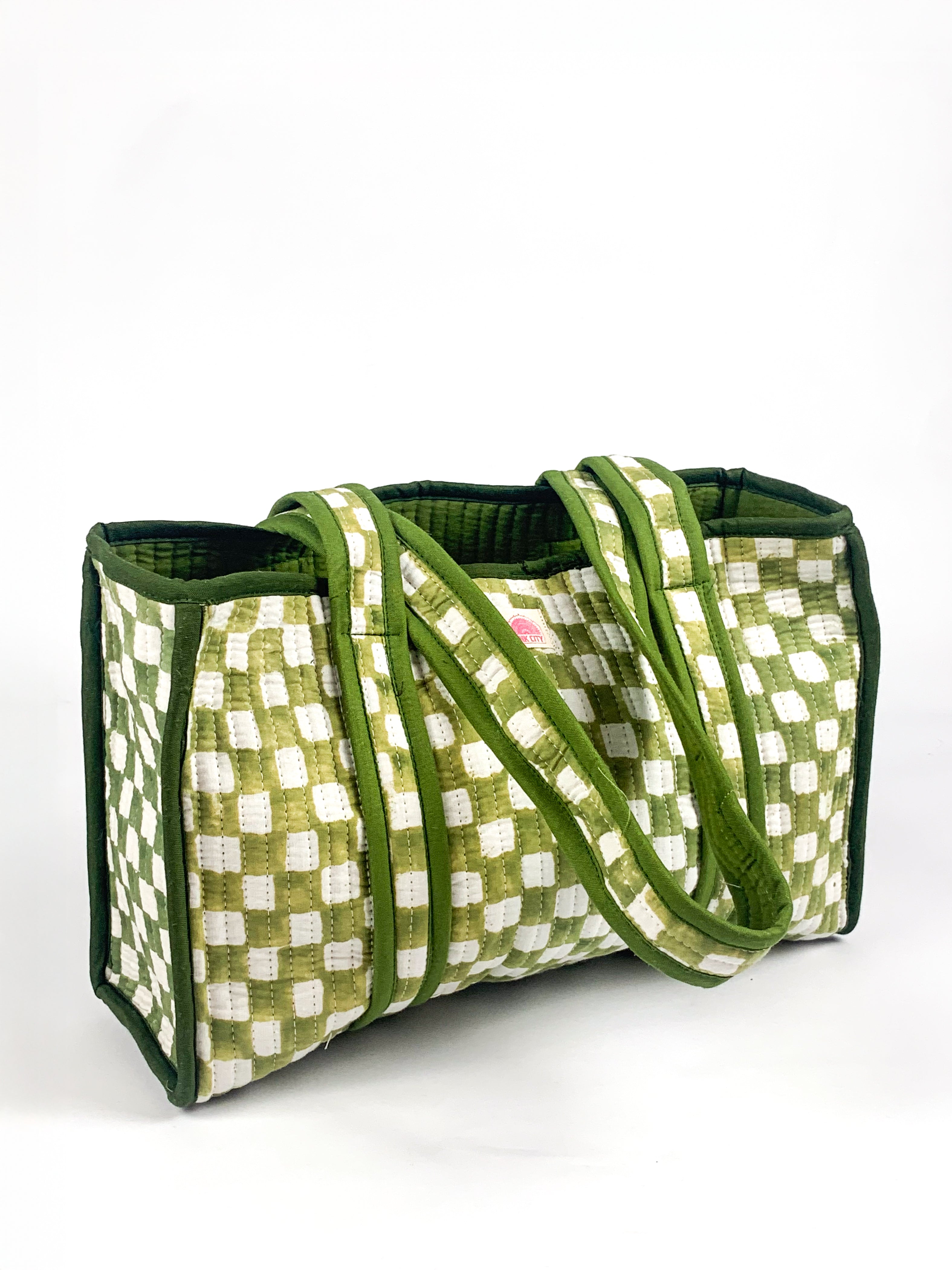 Green Chequered Midi Tote
