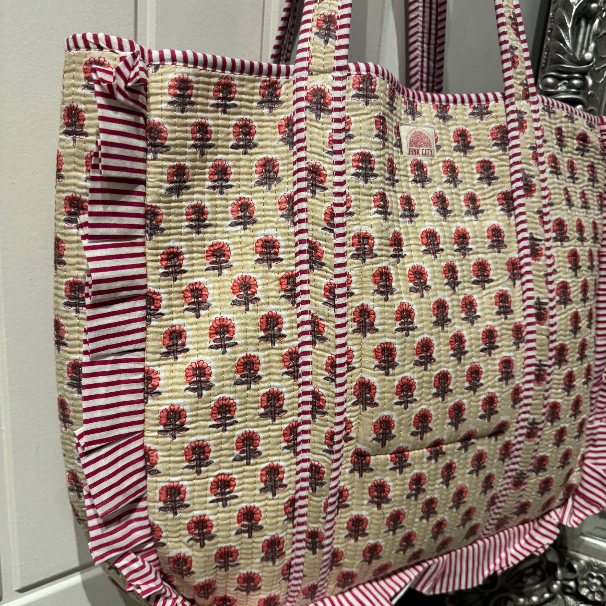 Cream and Pink Floral Frill Tote  image 0