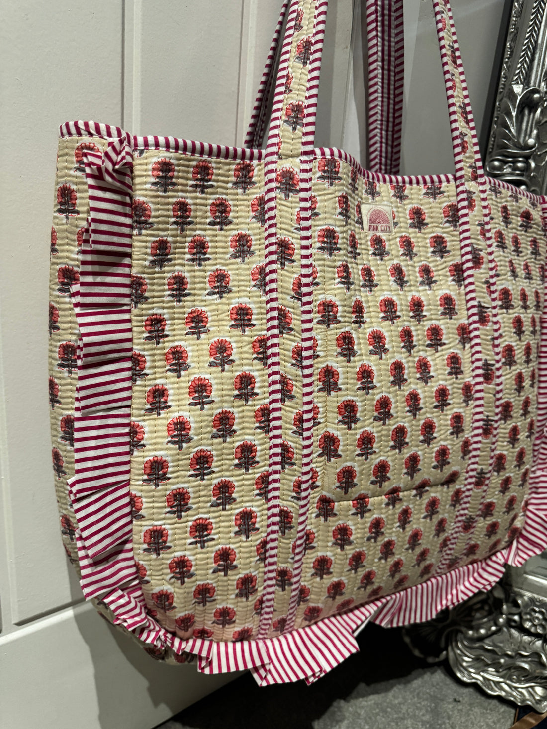 Cream and Pink Floral Frill Tote  image 0